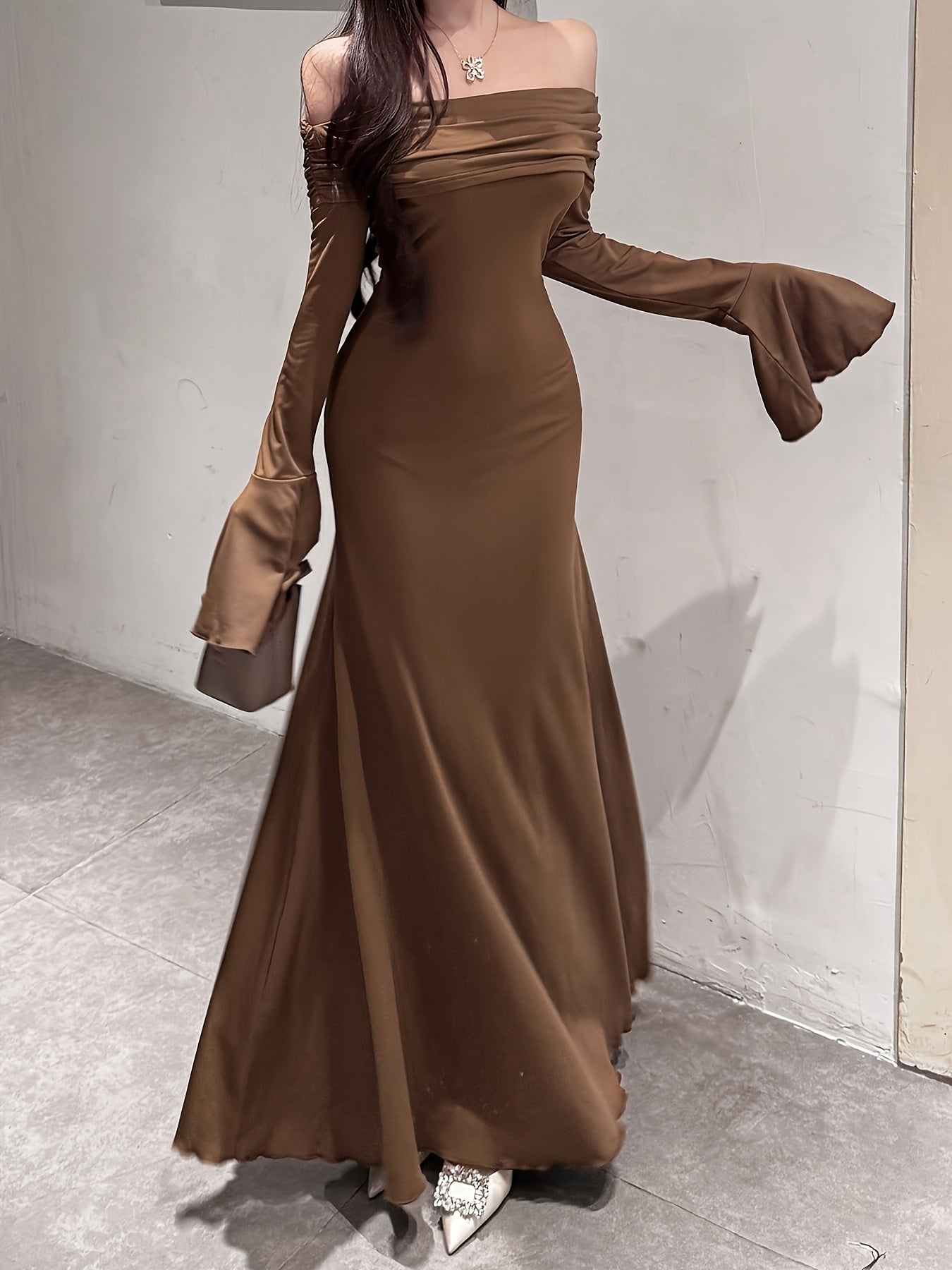 Women's Elegant Strapless/One-Shoulder Mermaid & A-Line Dress with Long Sleeves & Ruffled Hem - -Length Formal Wedding Guest Gown, Prom Dress, Event Attire - Machine Washable Autumn/Winter Evening Dress