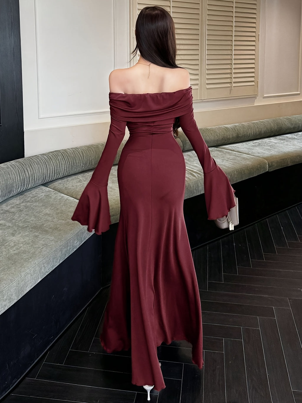 Women's Elegant Strapless/One-Shoulder Mermaid & A-Line Dress with Long Sleeves & Ruffled Hem - -Length Formal Wedding Guest Gown, Prom Dress, Event Attire - Machine Washable Autumn/Winter Evening Dress