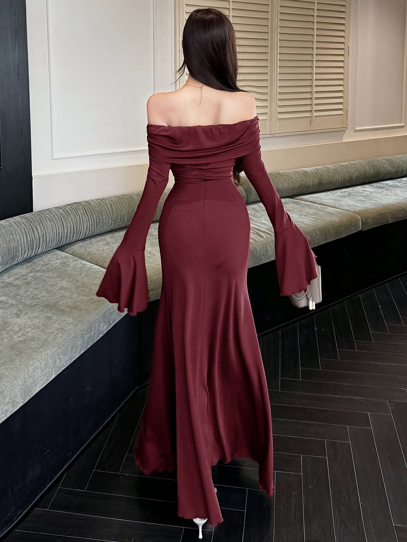 Women's Elegant Strapless/One-Shoulder Mermaid & A-Line Dress with Long Sleeves & Ruffled Hem - -Length Formal Wedding Guest Gown, Prom Dress, Event Attire - Machine Washable Autumn/Winter Evening Dress