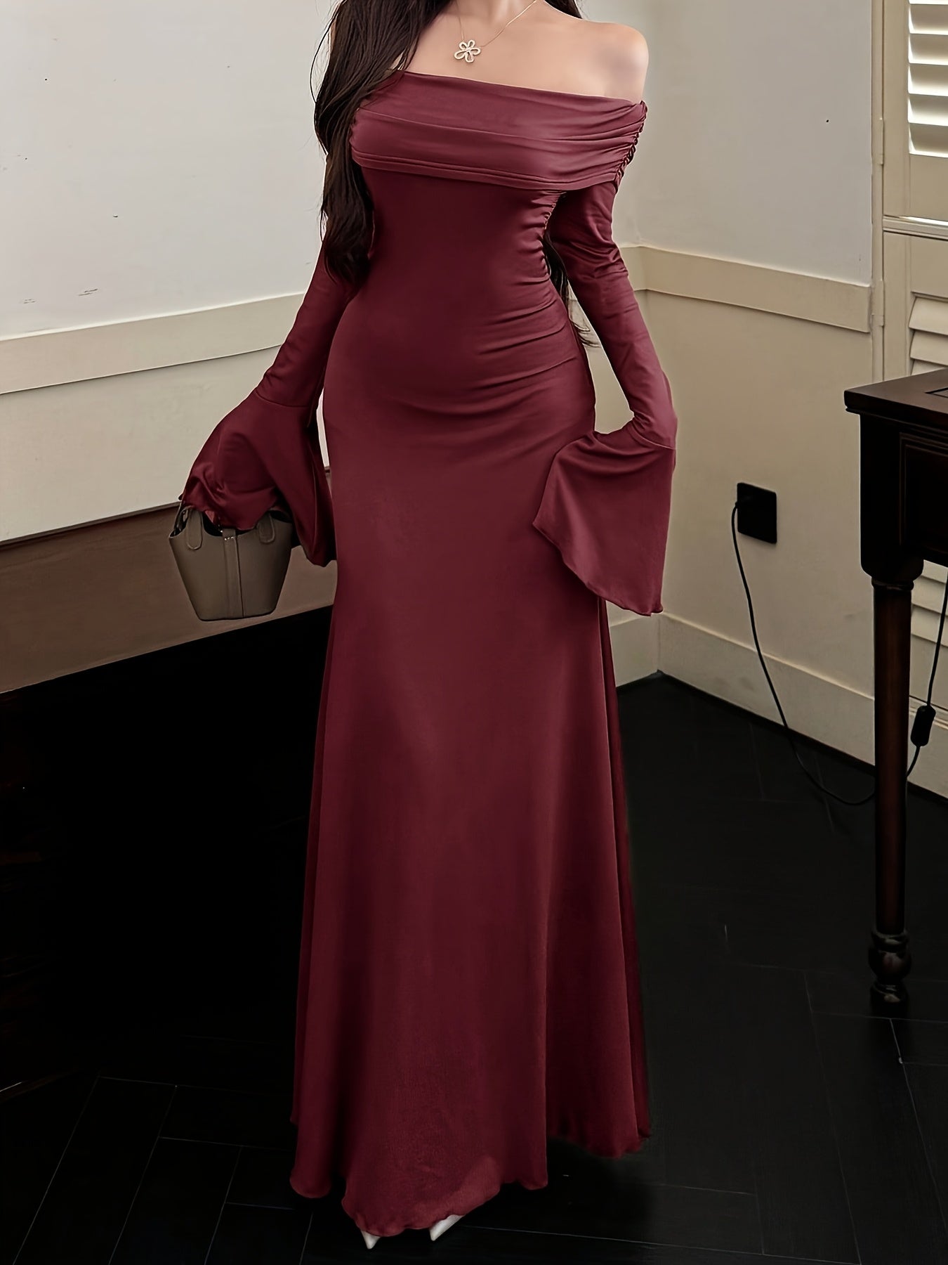 Women's Elegant Strapless/One-Shoulder Mermaid & A-Line Dress with Long Sleeves & Ruffled Hem - -Length Formal Wedding Guest Gown, Prom Dress, Event Attire - Machine Washable Autumn/Winter Evening Dress