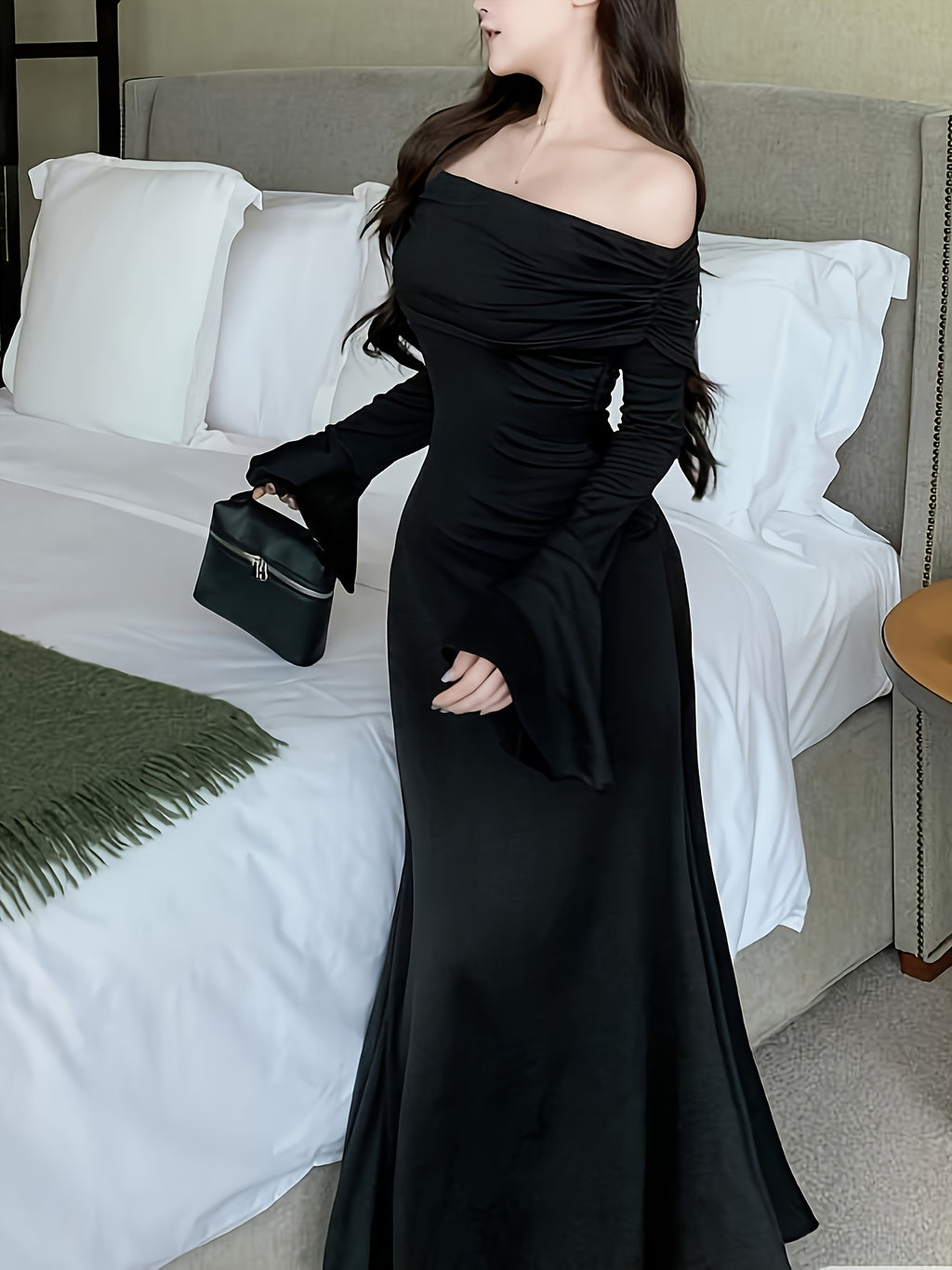 Women's Elegant Strapless/One-Shoulder Mermaid & A-Line Dress with Long Sleeves & Ruffled Hem - -Length Formal Wedding Guest Gown, Prom Dress, Event Attire - Machine Washable Autumn/Winter Evening Dress