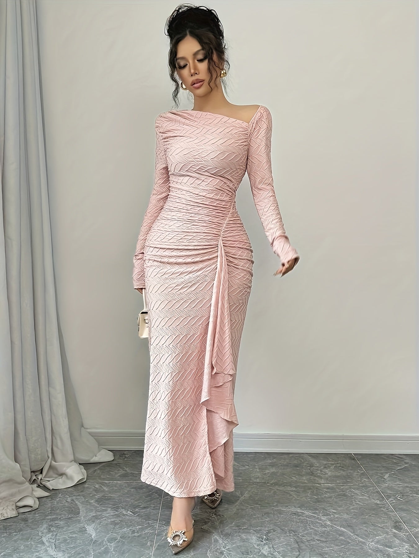 Women'S Elegant Office to Evening Long Dress - Formal & Professional Attire with Asymmetrical Neckline, Flattering Fit, Long Formal Events, HW915 - Elegant Women'S Clothing, Winter Fashion, Ruched Detailing, Highquality Material, Fitted Bodice, Working Women