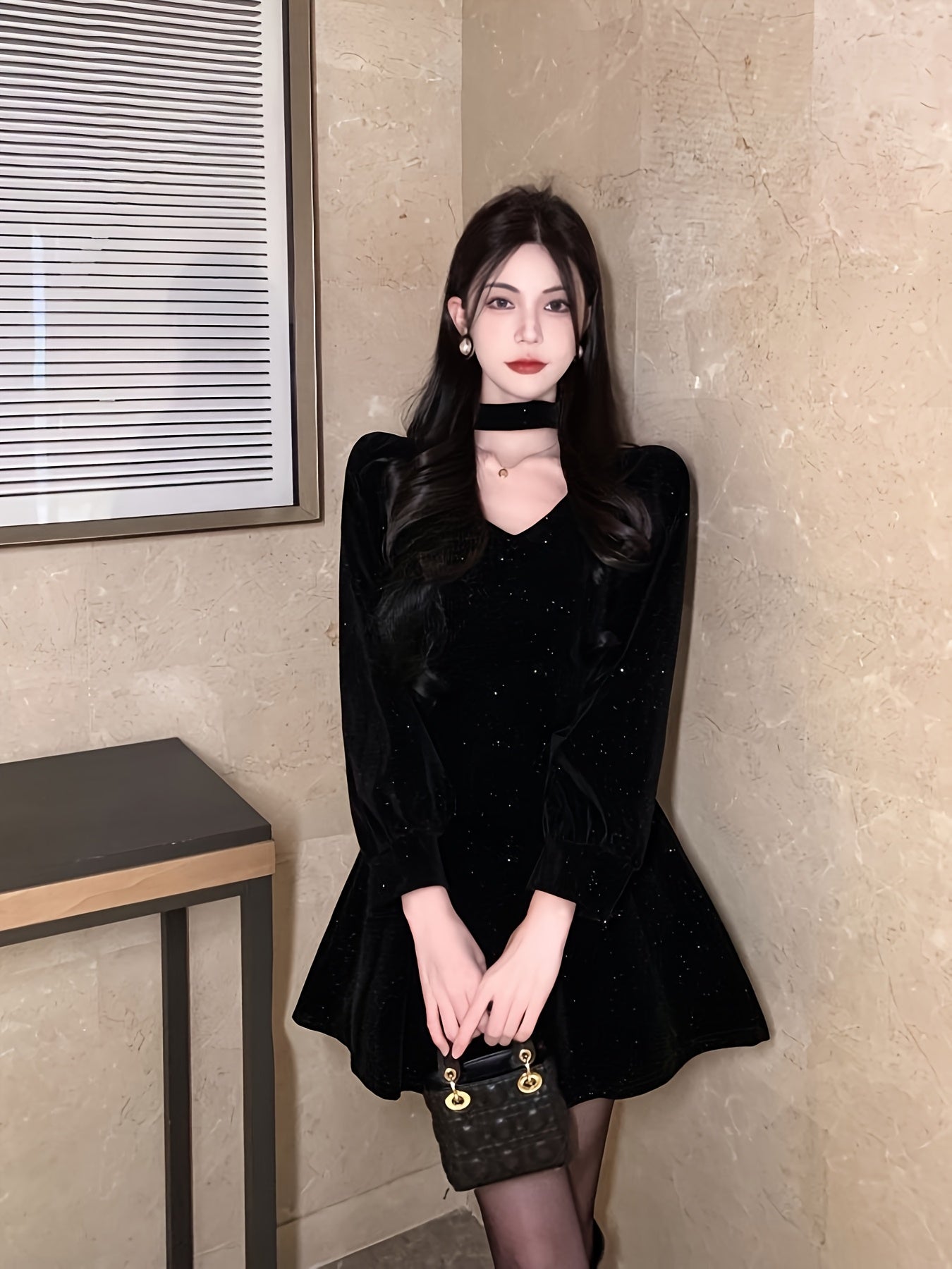 Women'S Elegant Black Velvet First Love Dress - Square Neck Long Sleeve A-Line Party & Formal Evening Gown, Hand Washable, All-Season Luxury Formal Attire for Christmas, New Year, Valentine'S Day - QOQ Luxury Dress Collection, Cute Dresses