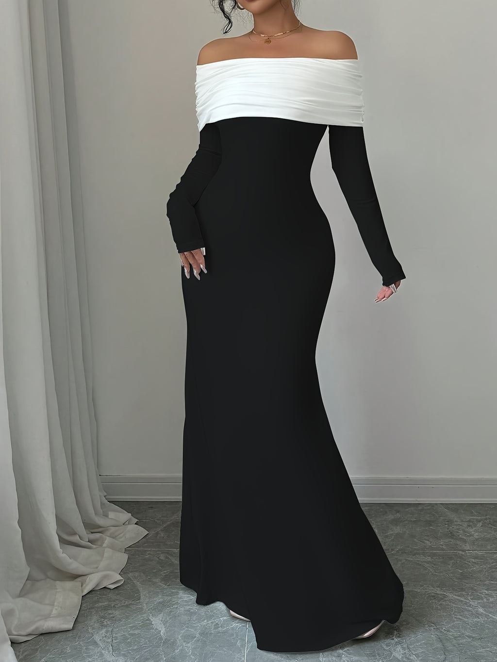 Elegant Off-Shoulder Mermaid Dress with Double Layer & Twist Detail - Long Sleeve, High-Low Hem, Solid Color, Perfect for Spring/Summer/Fall, Adult Women'S Formal Wear, Formal Evening Wear | Offshoulder Fashion | Double Layer Design