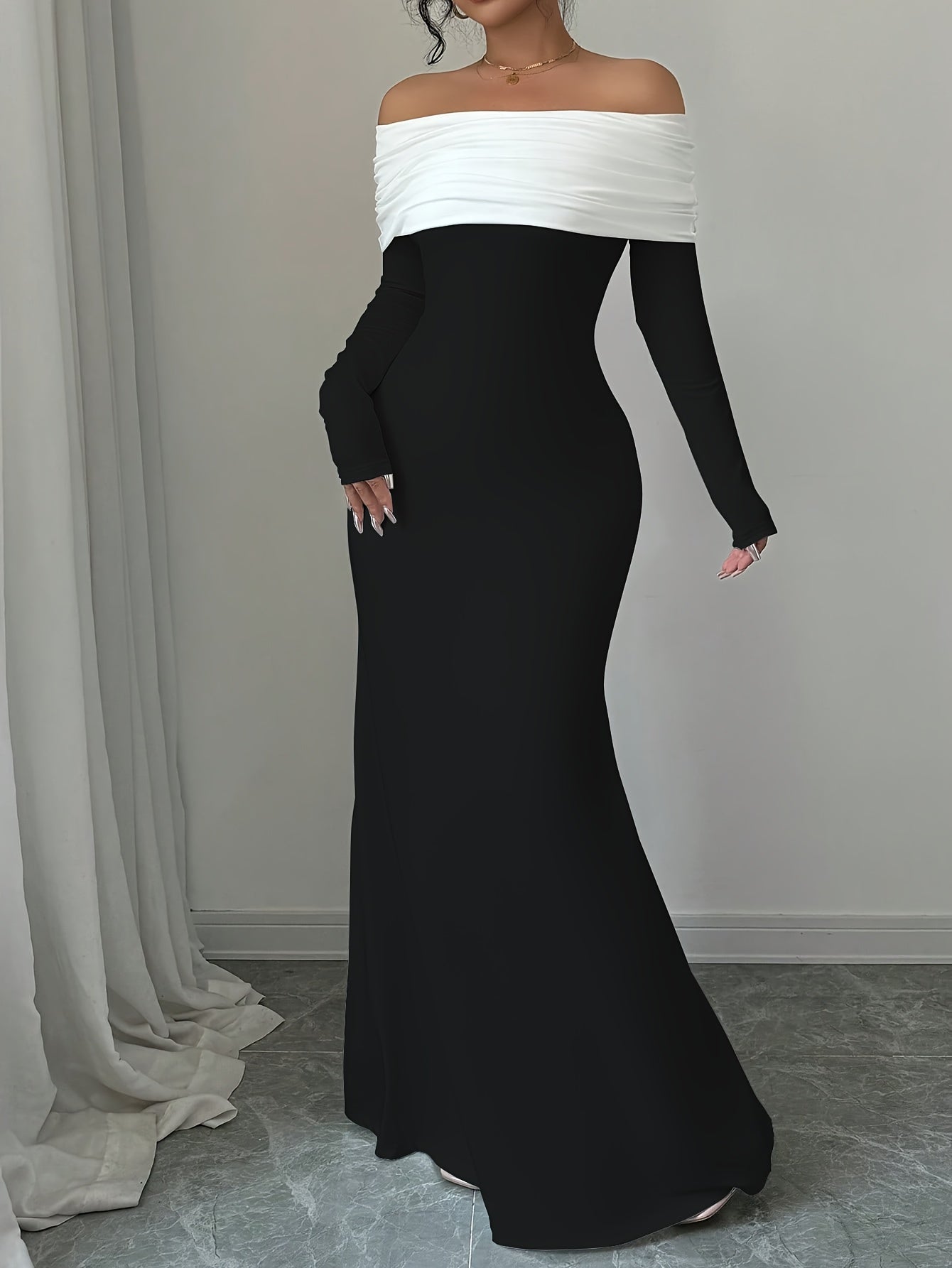 Elegant Off-Shoulder Mermaid Dress with Double Layer & Twist Detail - Long Sleeve, High-Low Hem, Solid Color, Perfect for Spring/Summer/Fall, Adult Women'S Formal Wear, Formal Evening Wear | Offshoulder Fashion | Double Layer Design