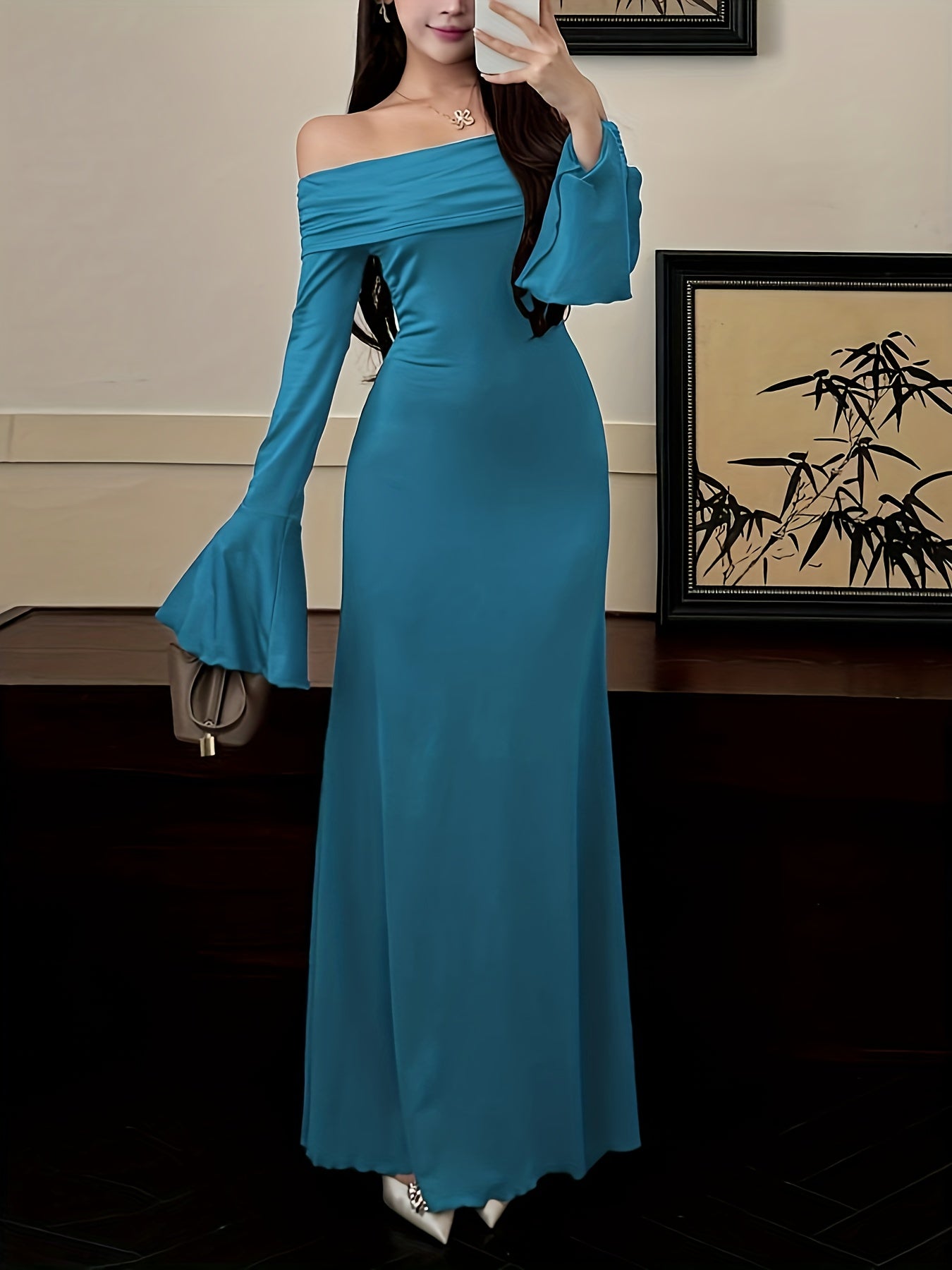 Women's Elegant Off-the-Shoulder/One-Shoulder Long Formal dress - Bodycon Party, Brown Evening Gown for Women, Machine Washable Fall Gala & Wedding Attire - ZX248, Special Occasion, Fitted Silhouette, Highquality Material, Stylish Outfit, Party Wear