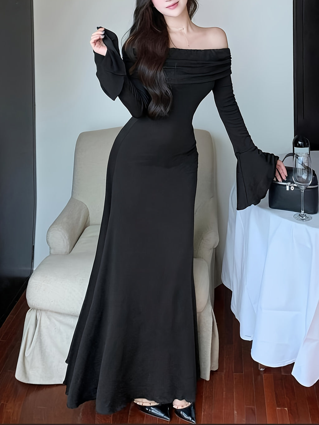 Women's Elegant Off-the-Shoulder/One-Shoulder Long Formal dress - Bodycon Party, Brown Evening Gown for Women, Machine Washable Fall Gala & Wedding Attire - ZX248, Special Occasion, Fitted Silhouette, Highquality Material, Stylish Outfit, Party Wear