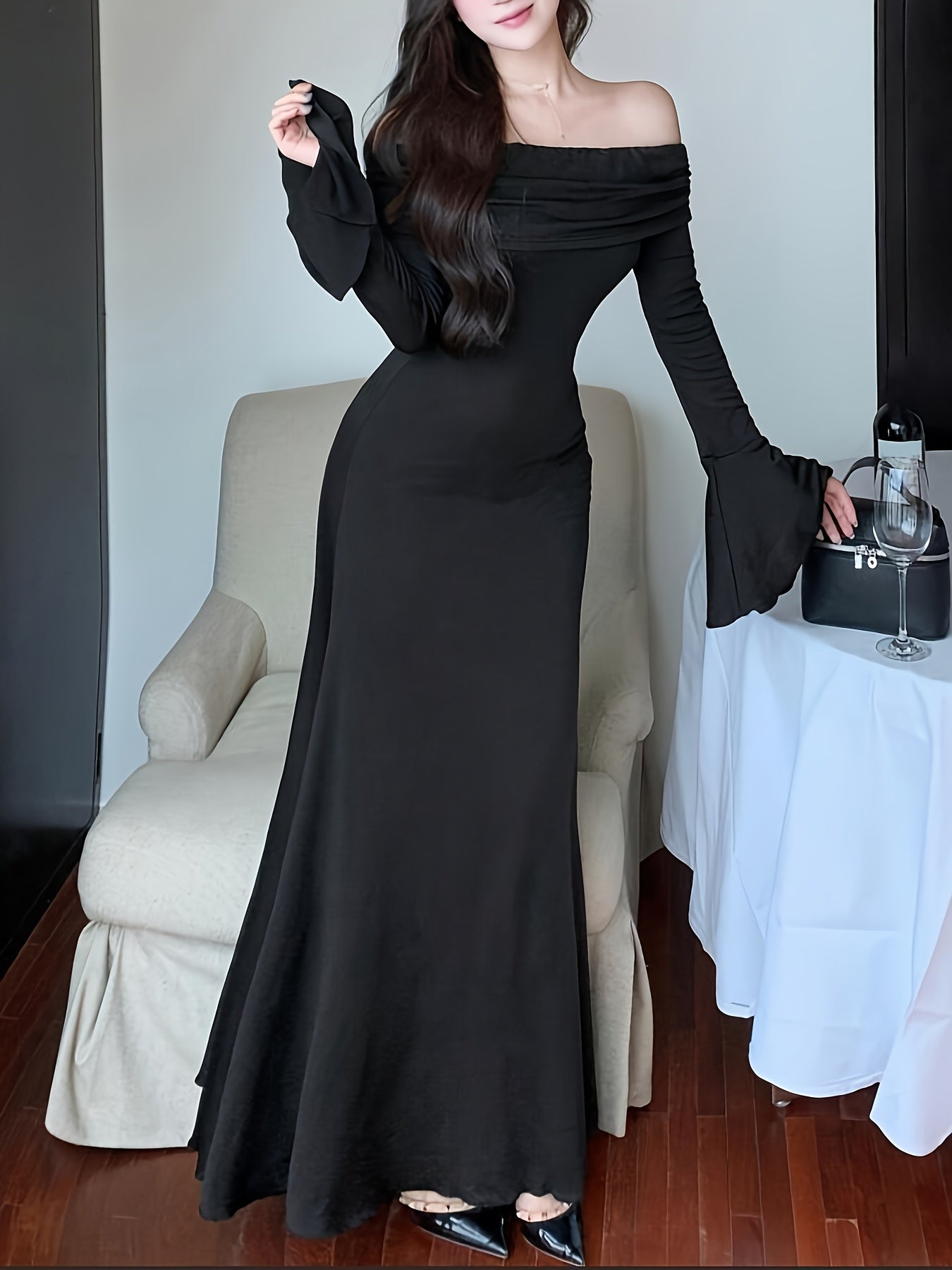 Women's Elegant Off-the-Shoulder/One-Shoulder Long Formal dress - Bodycon Party, Brown Evening Gown for Women, Machine Washable Fall Gala & Wedding Attire - ZX248, Special Occasion, Fitted Silhouette, Highquality Material, Stylish Outfit, Party Wear