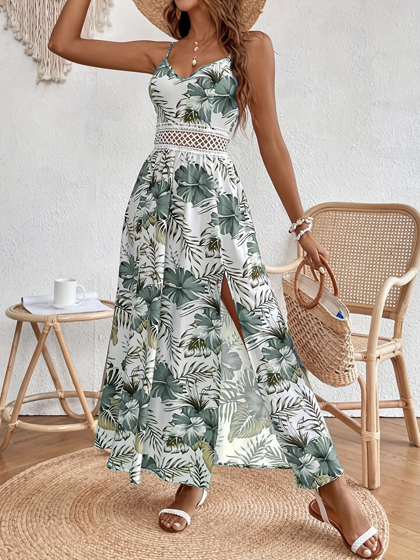 Floral Print Spaghetti Strap Dress, Elegant Sleeveless Split Dress For Spring & Summer, Women's Clothing