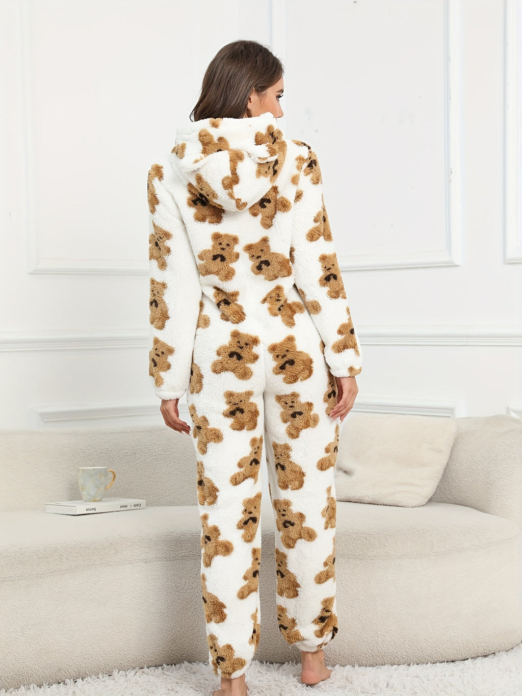 Bear Pattern Fuzzy Pajama Jumpsuit For Music Festival, Long Sleeve Hooded Zip Pajamas, Women's Lingerie & Sleepwear