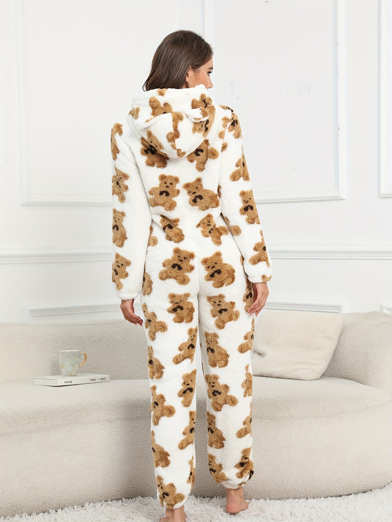 Bear Pattern Fuzzy Pajama Jumpsuit For Music Festival, Long Sleeve Hooded Zip Pajamas, Women's Lingerie & Sleepwear