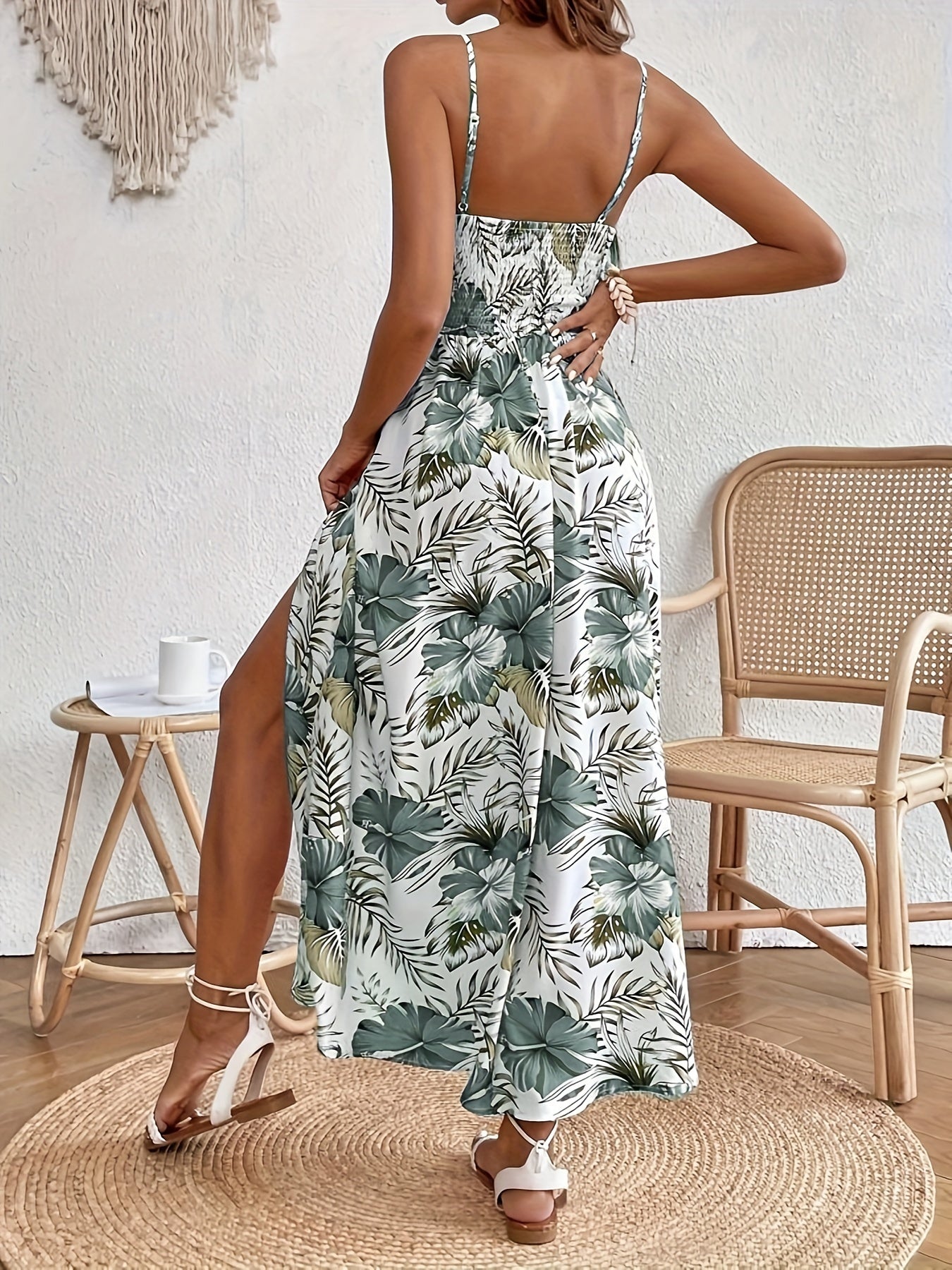 Floral Print Spaghetti Strap Dress, Elegant Sleeveless Split Dress For Spring & Summer, Women's Clothing