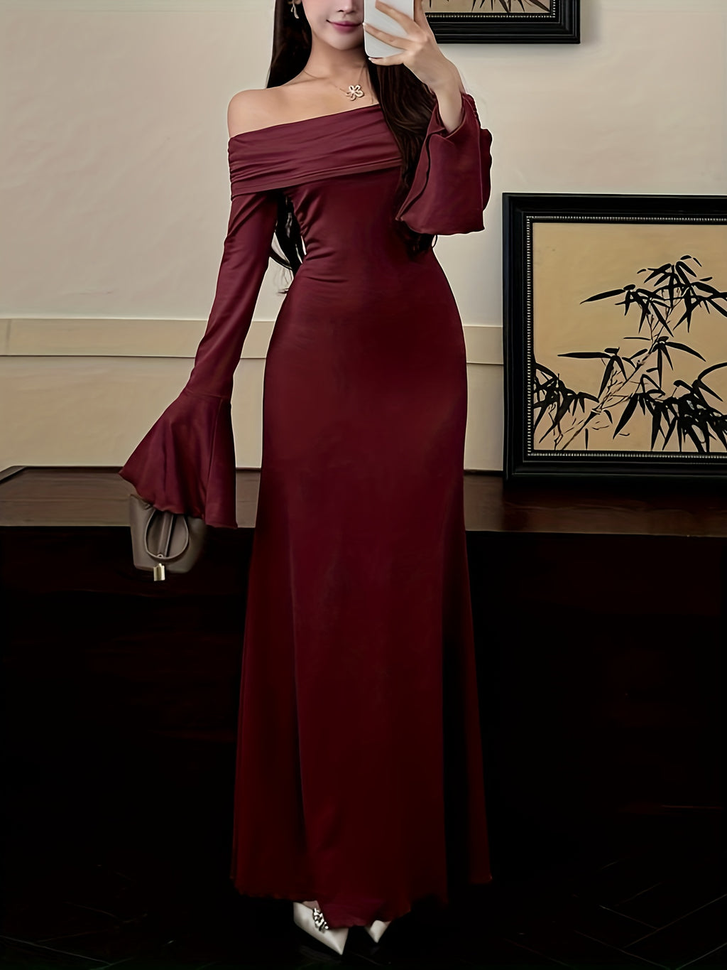 Women's Elegant Off-the-Shoulder/One-Shoulder Long Formal dress - Bodycon Party, Brown Evening Gown for Women, Machine Washable Fall Gala & Wedding Attire - ZX248, Special Occasion, Fitted Silhouette, Highquality Material, Stylish Outfit, Party Wear