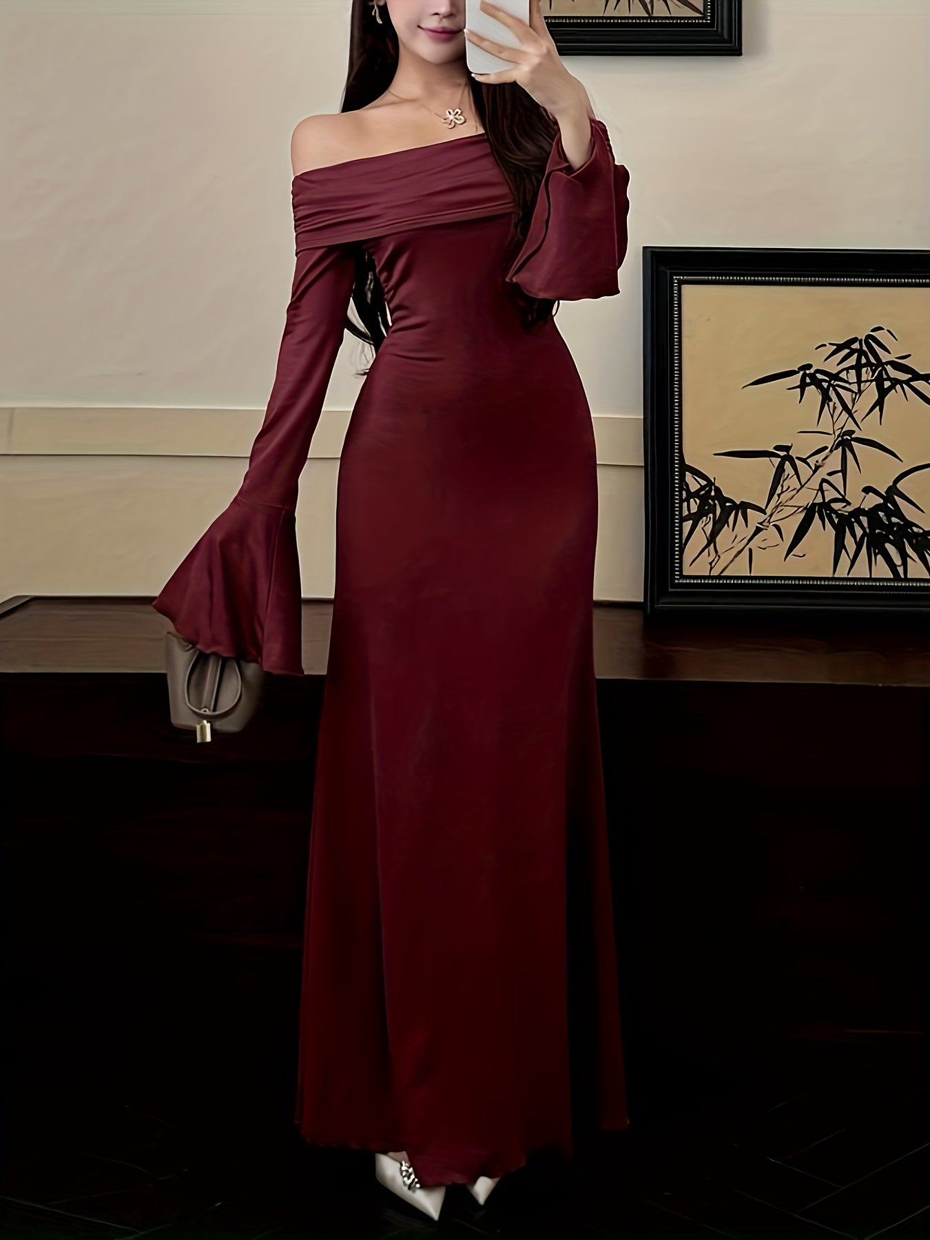 Women's Elegant Off-the-Shoulder/One-Shoulder Long Formal dress - Bodycon Party, Brown Evening Gown for Women, Machine Washable Fall Gala & Wedding Attire - ZX248, Special Occasion, Fitted Silhouette, Highquality Material, Stylish Outfit, Party Wear