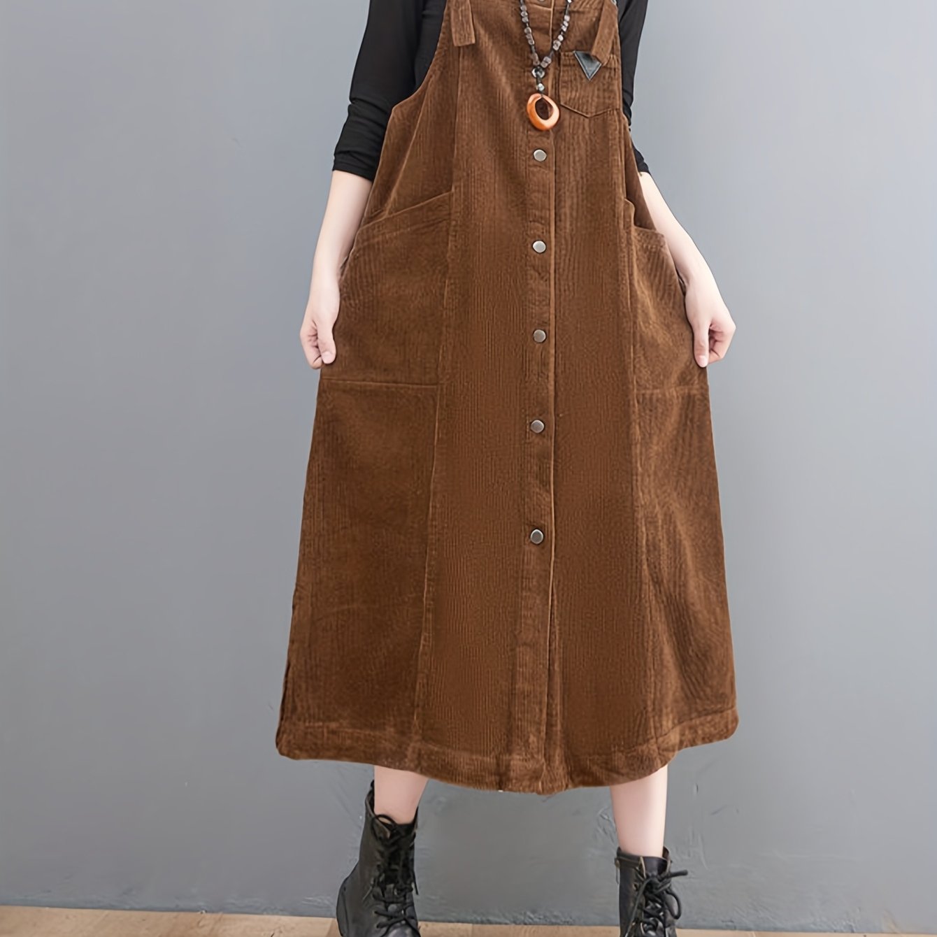 Vintage Corduroy Sleeveless Midi Dress with Pockets