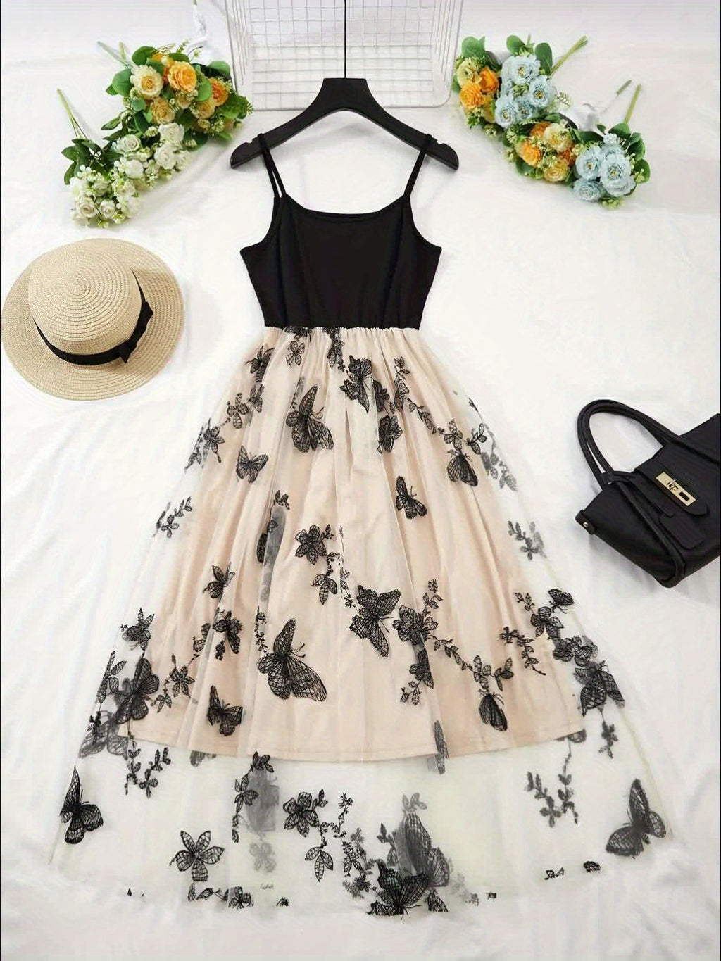 [Backless Design] Elegant Lace & Tulle Embroidered Cami Dress | Sleeveless, Backless | Women's | Spring & Summer Events | Floral Patterns