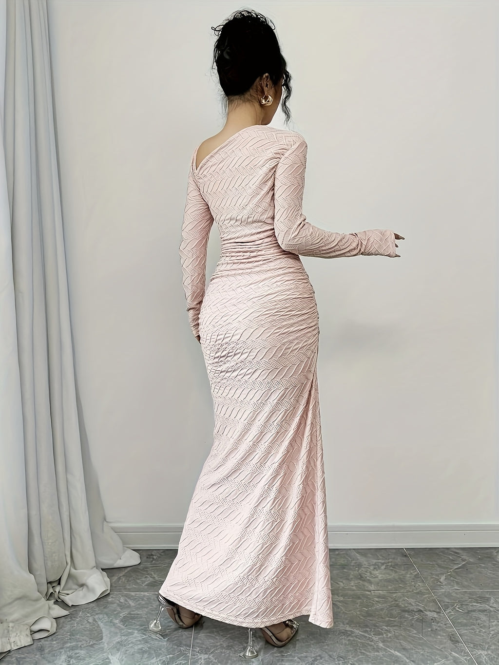 Women'S Elegant Office to Evening Long Dress - Formal & Professional Attire with Asymmetrical Neckline, Flattering Fit, Long Formal Events, HW915 - Elegant Women'S Clothing, Winter Fashion, Ruched Detailing, Highquality Material, Fitted Bodice, Working Women