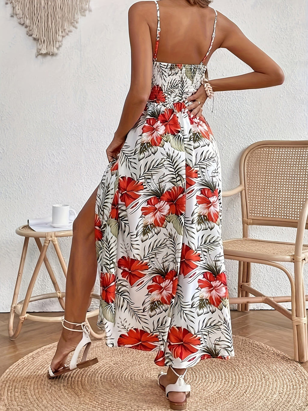 Floral Print Spaghetti Strap Dress, Elegant Sleeveless Split Dress For Spring & Summer, Women's Clothing