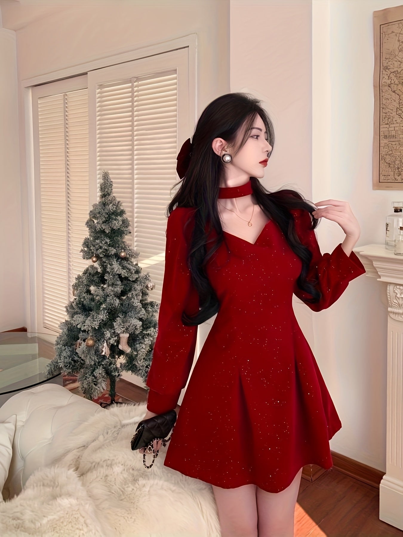 Women'S Elegant Black Velvet First Love Dress - Square Neck Long Sleeve A-Line Party & Formal Evening Gown, Hand Washable, All-Season Luxury Formal Attire for Christmas, New Year, Valentine'S Day - QOQ Luxury Dress Collection, Cute Dresses