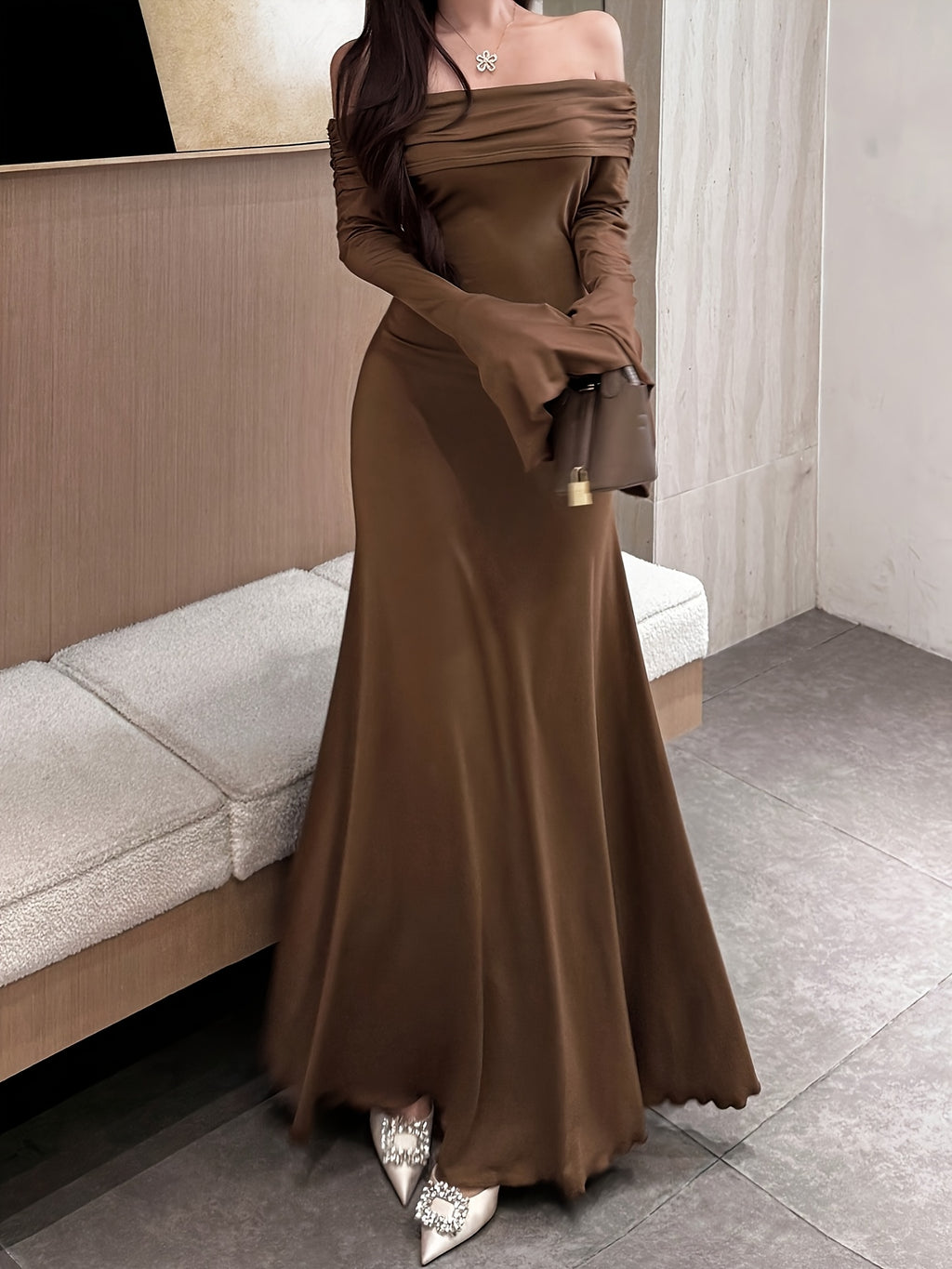 Women's Elegant Strapless/One-Shoulder Mermaid & A-Line Dress with Long Sleeves & Ruffled Hem - -Length Formal Wedding Guest Gown, Prom Dress, Event Attire - Machine Washable Autumn/Winter Evening Dress