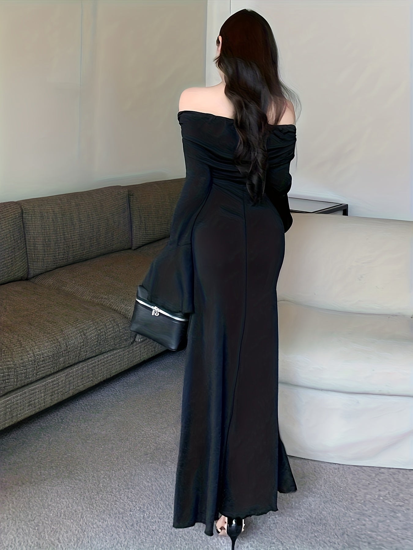 Women's Elegant Strapless/One-Shoulder Mermaid & A-Line Dress with Long Sleeves & Ruffled Hem - -Length Formal Wedding Guest Gown, Prom Dress, Event Attire - Machine Washable Autumn/Winter Evening Dress