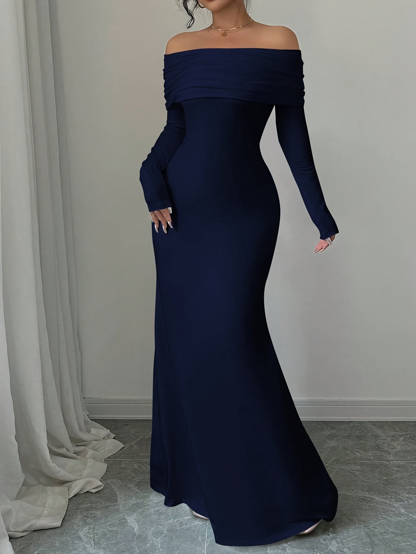 Elegant Off-Shoulder Mermaid Dress with Double Layer & Twist Detail - Long Sleeve, High-Low Hem, Solid Color, Perfect for Spring/Summer/Fall, Adult Women'S Formal Wear, Formal Evening Wear | Offshoulder Fashion | Double Layer Design