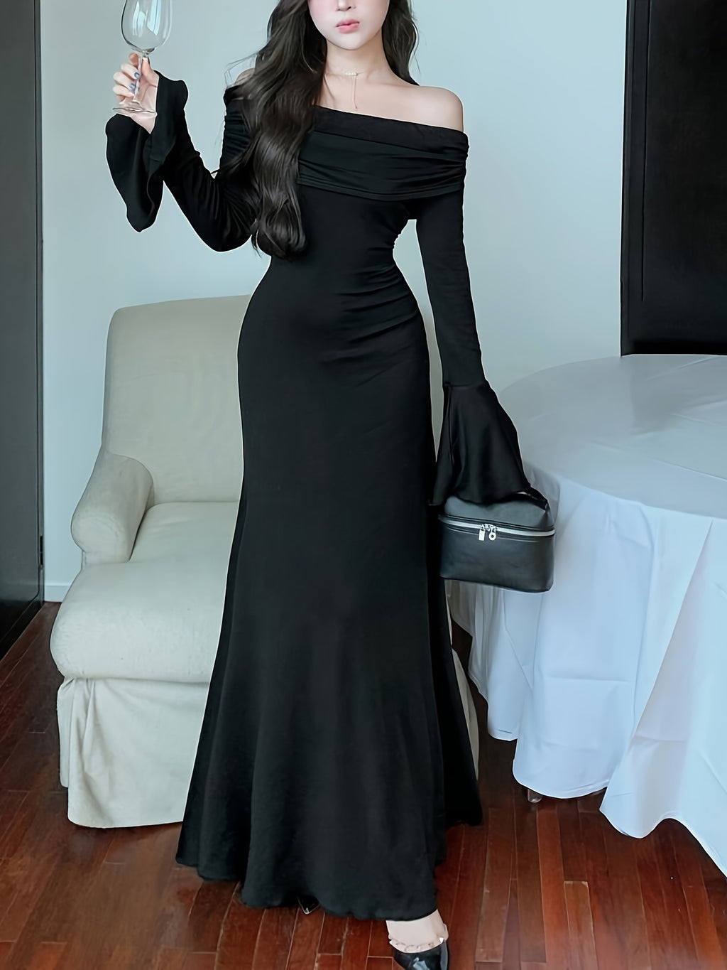 Women's Elegant Off-the-Shoulder/One-Shoulder Long Formal dress - Bodycon Party, Brown Evening Gown for Women, Machine Washable Fall Gala & Wedding Attire - ZX248, Special Occasion, Fitted Silhouette, Highquality Material, Stylish Outfit, Party Wear