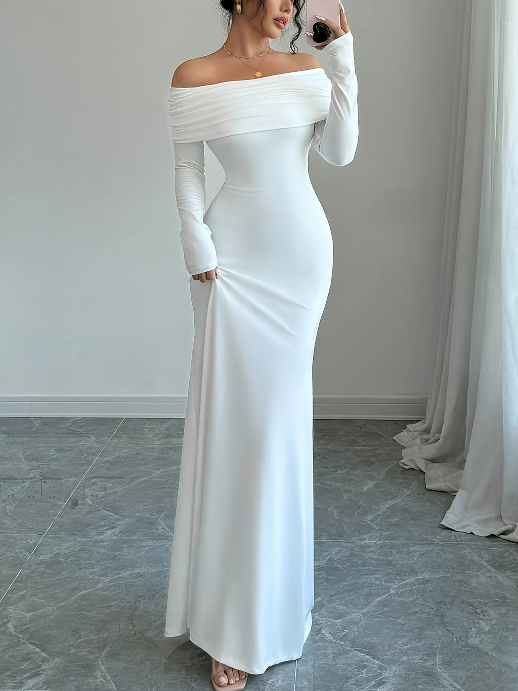 Elegant Off-Shoulder Mermaid Dress with Double Layer & Twist Detail - Long Sleeve, High-Low Hem, Solid Color, Perfect for Spring/Summer/Fall, Adult Women'S Formal Wear, Formal Evening Wear | Offshoulder Fashion | Double Layer Design