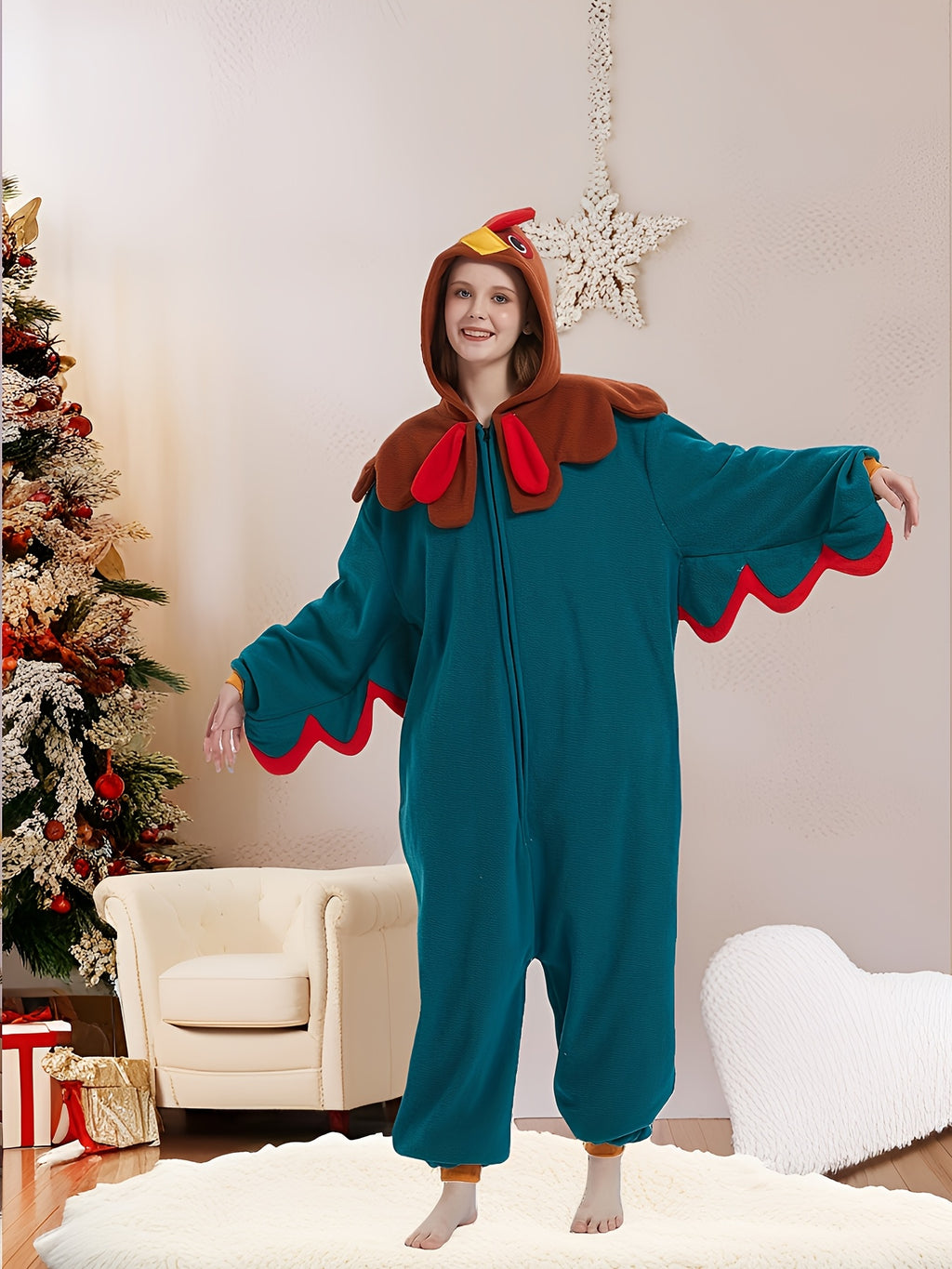 Music Festival Cartoon Hooded Pajama Jumpsuit, Cute Long Sleeve Zipper Pajamas, Women's Lingerie & Sleepwear