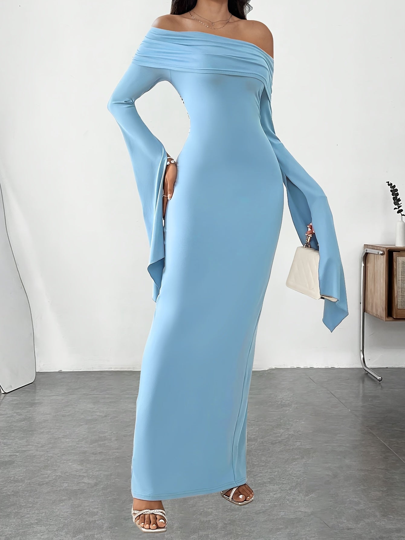 Women'S Sexy Off-Shoulder Long Sleeve Bodycon Dress, Solid Color Knit Fabric, 95% Polyester 5% Spandex, 228g/m², Perfect for Adult Spring/Summer/Fall Events