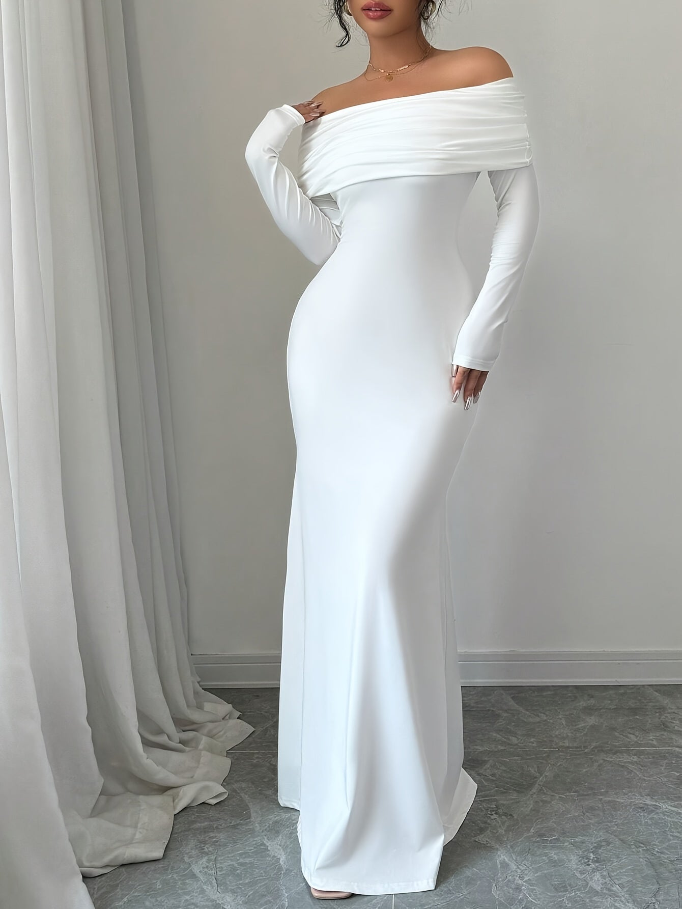 Elegant Off-Shoulder Mermaid Dress with Double Layer & Twist Detail - Long Sleeve, High-Low Hem, Solid Color, Perfect for Spring/Summer/Fall, Adult Women'S Formal Wear, Formal Evening Wear | Offshoulder Fashion | Double Layer Design