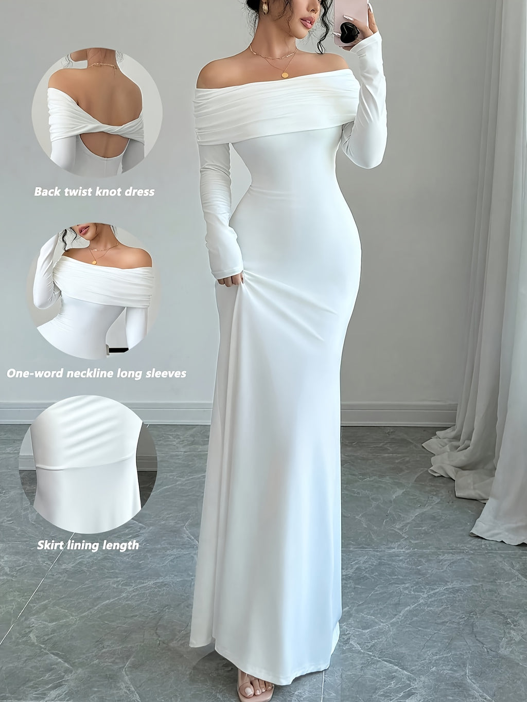 Elegant Off-Shoulder Mermaid Dress with Double Layer & Twist Detail - Long Sleeve, High-Low Hem, Solid Color, Perfect for Spring/Summer/Fall, Adult Women'S Formal Wear, Formal Evening Wear | Offshoulder Fashion | Double Layer Design