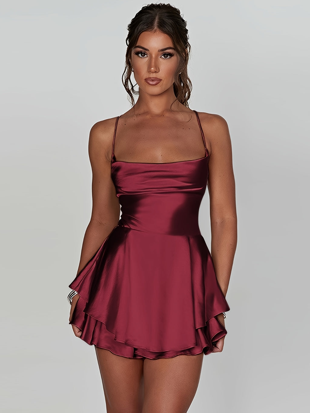 Vestido Feminino Elegante Sem Costas com Alcinha Halter - Cintura Franzida e Saia Flare, Decote Quadrado com Alças Finas para Festa, Lavável em Máquina, Cor Sólida, Traje Formal para Todas as Estações, Alta Elasticidade, Roupa Adulta