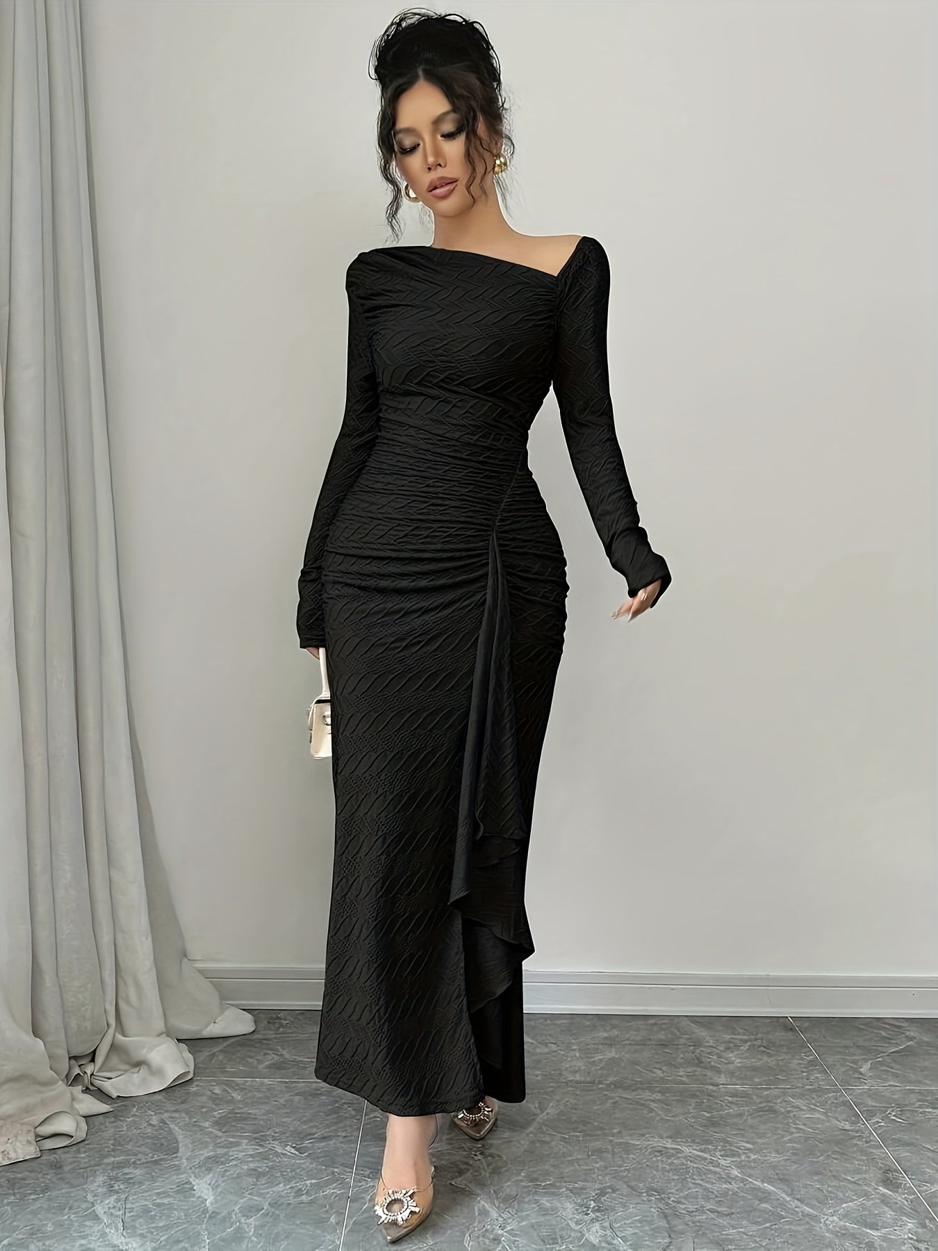 Women'S Elegant Office to Evening Long Dress - Formal & Professional Attire with Asymmetrical Neckline, Flattering Fit, Long Formal Events, HW915 - Elegant Women'S Clothing, Winter Fashion, Ruched Detailing, Highquality Material, Fitted Bodice, Working Women