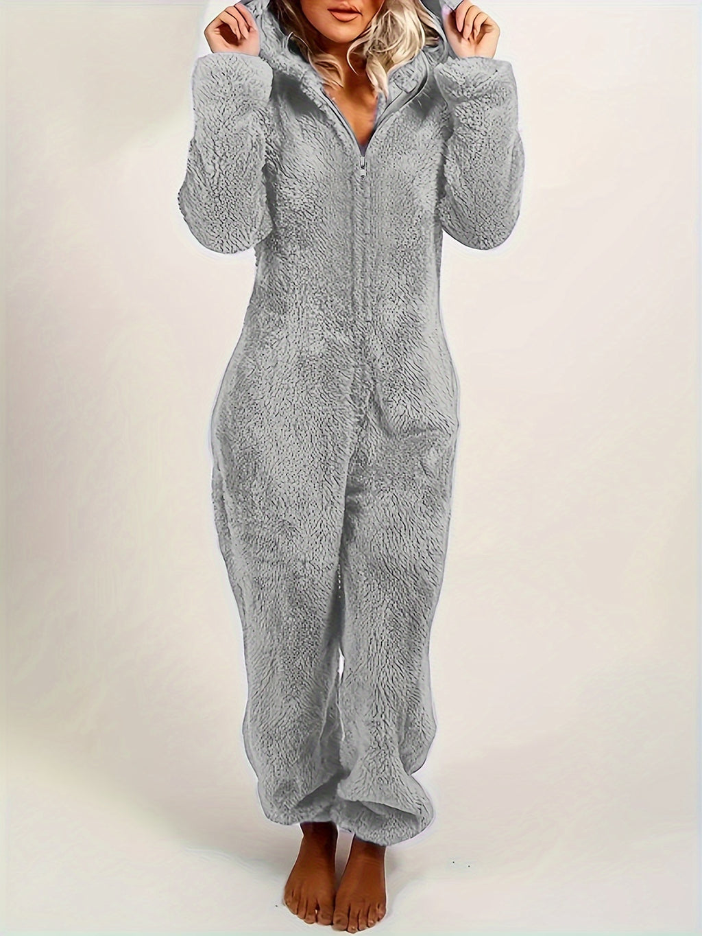Fuzzy Hooded Pajama Jumpsuit For Music Festival, Comfy & Cute Long Sleeve Zipper Pajamas, Women's Lingerie & Sleepwear