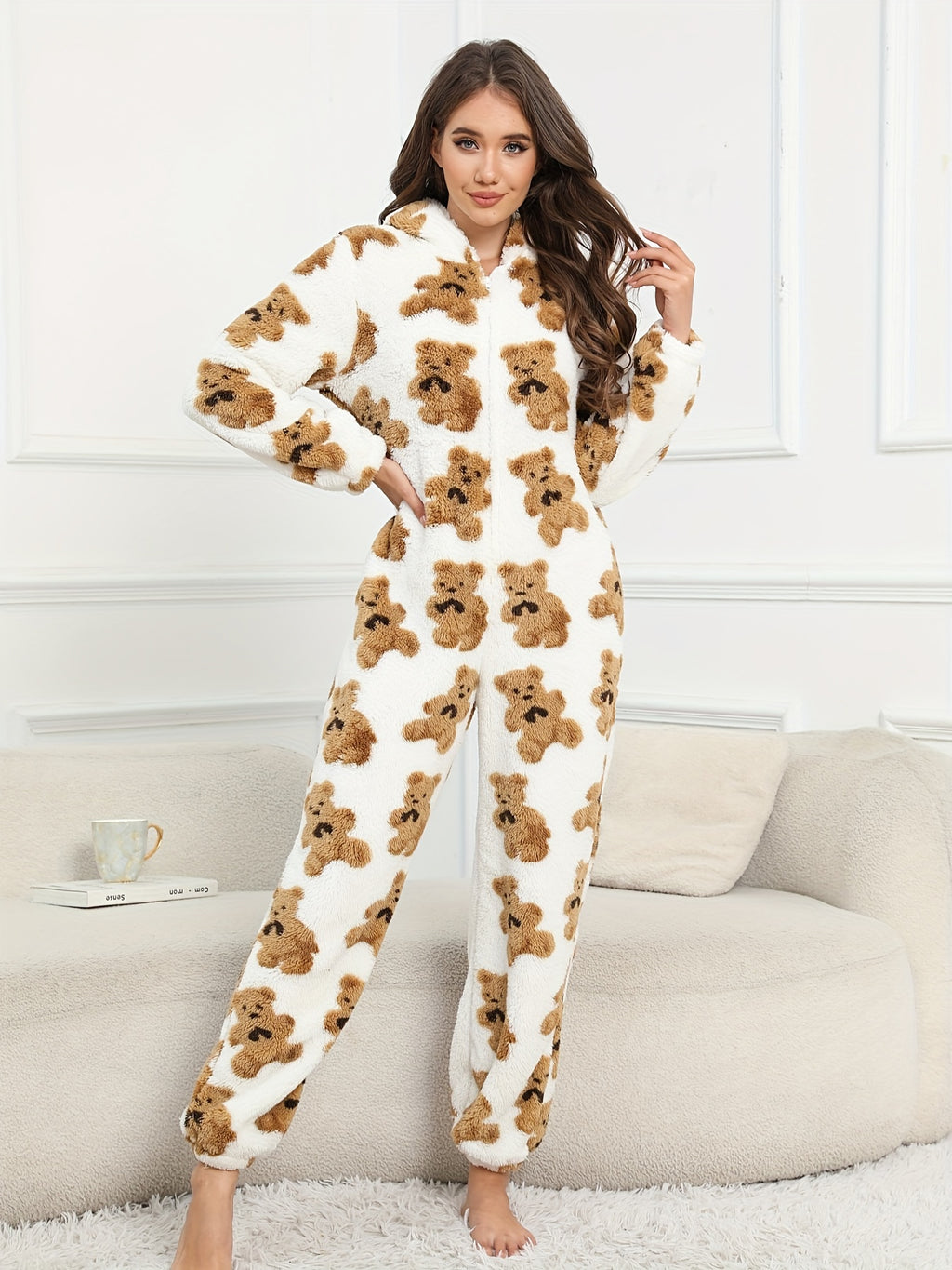 Bear Pattern Fuzzy Pajama Jumpsuit For Music Festival, Long Sleeve Hooded Zip Pajamas, Women's Lingerie & Sleepwear