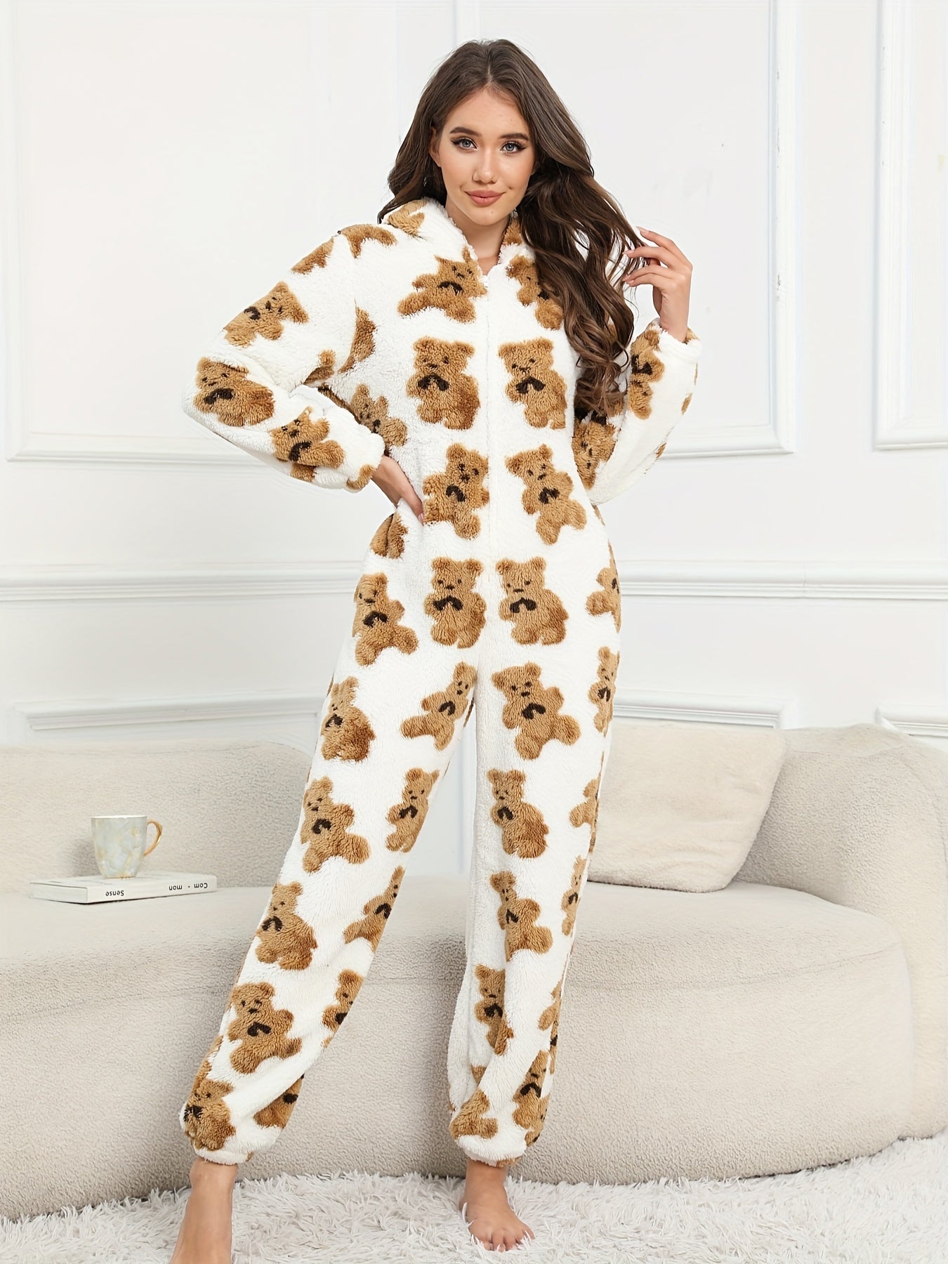 Bear Pattern Fuzzy Pajama Jumpsuit For Music Festival, Long Sleeve Hooded Zip Pajamas, Women's Lingerie & Sleepwear