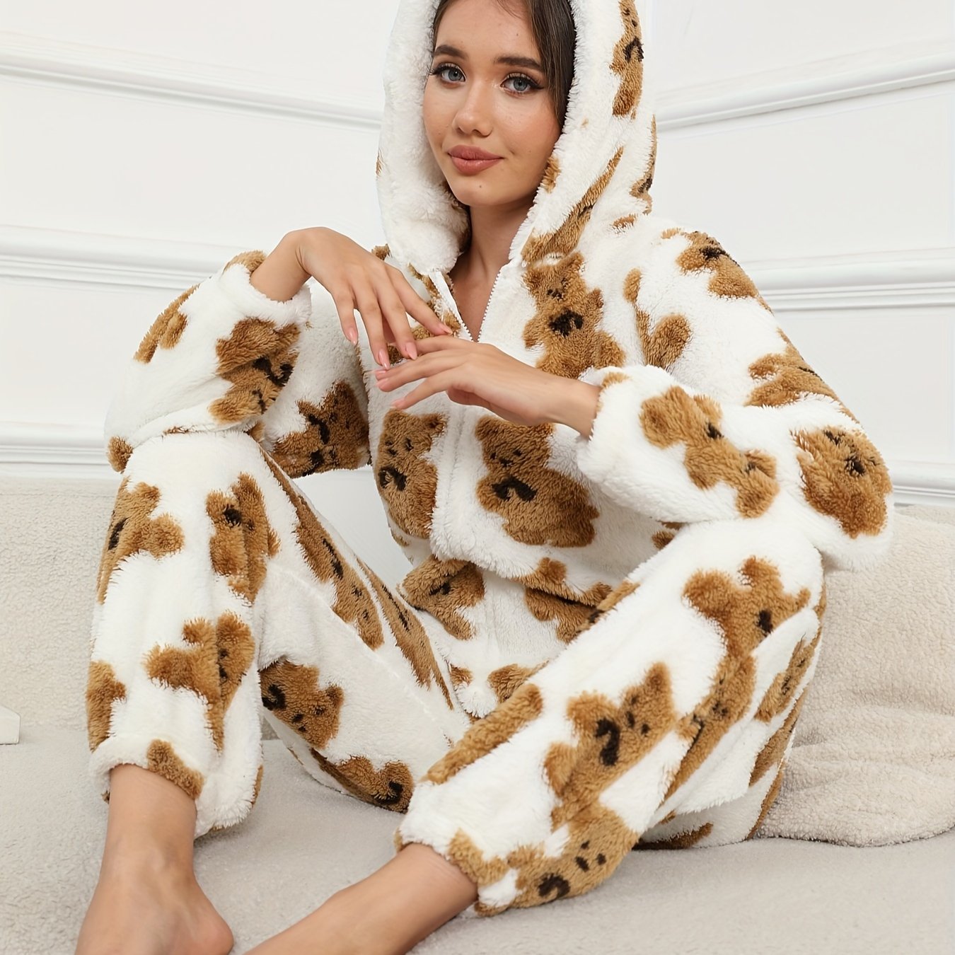 Cozy Bear Pattern Hooded Pajama Jumpsuit