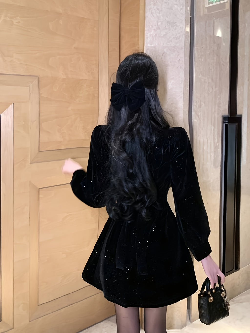 Women'S Elegant Black Velvet First Love Dress - Square Neck Long Sleeve A-Line Party & Formal Evening Gown, Hand Washable, All-Season Luxury Formal Attire for Christmas, New Year, Valentine'S Day - QOQ Luxury Dress Collection, Cute Dresses