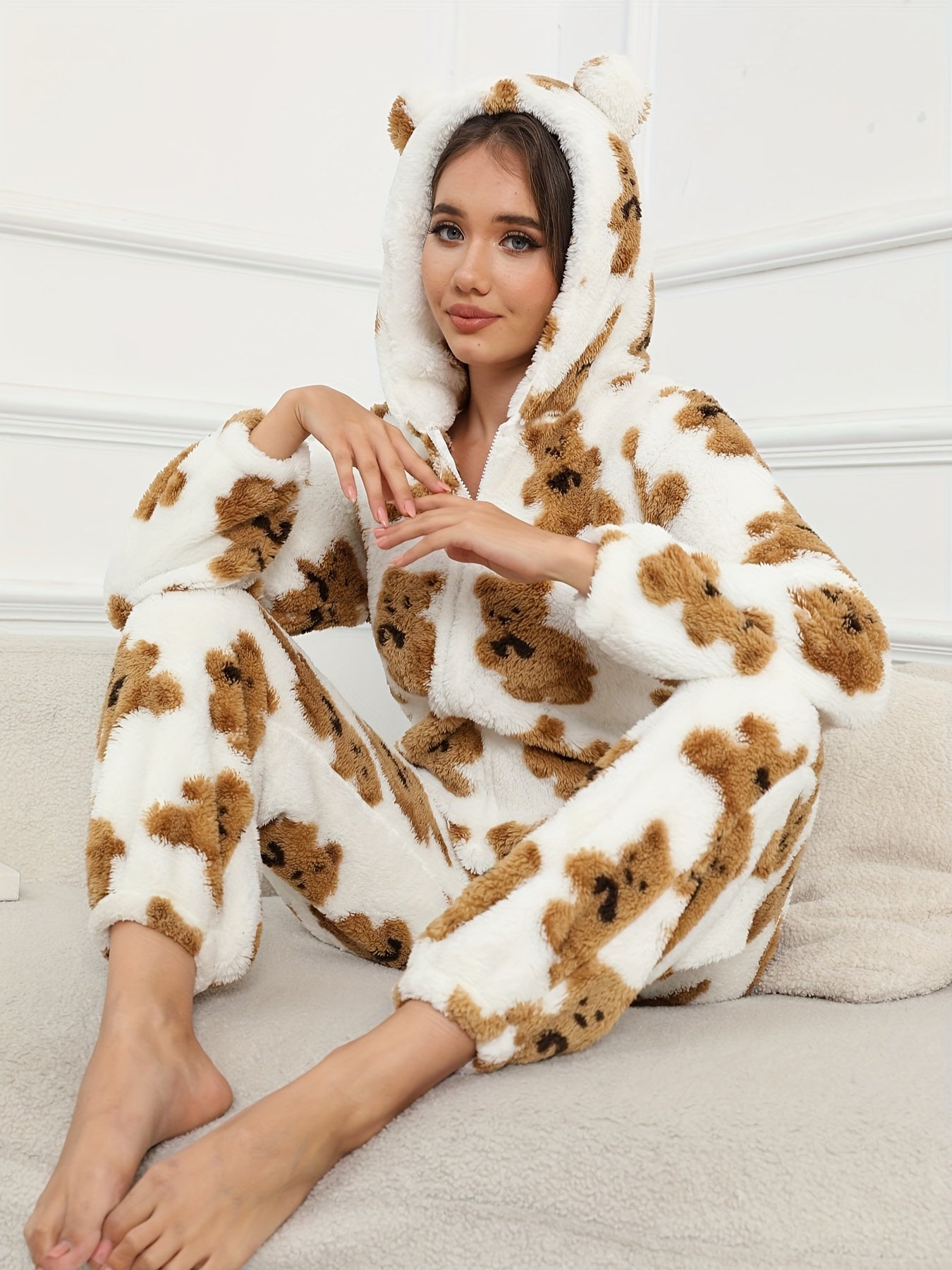 Bear Pattern Fuzzy Pajama Jumpsuit For Music Festival, Long Sleeve Hooded Zip Pajamas, Women's Lingerie & Sleepwear