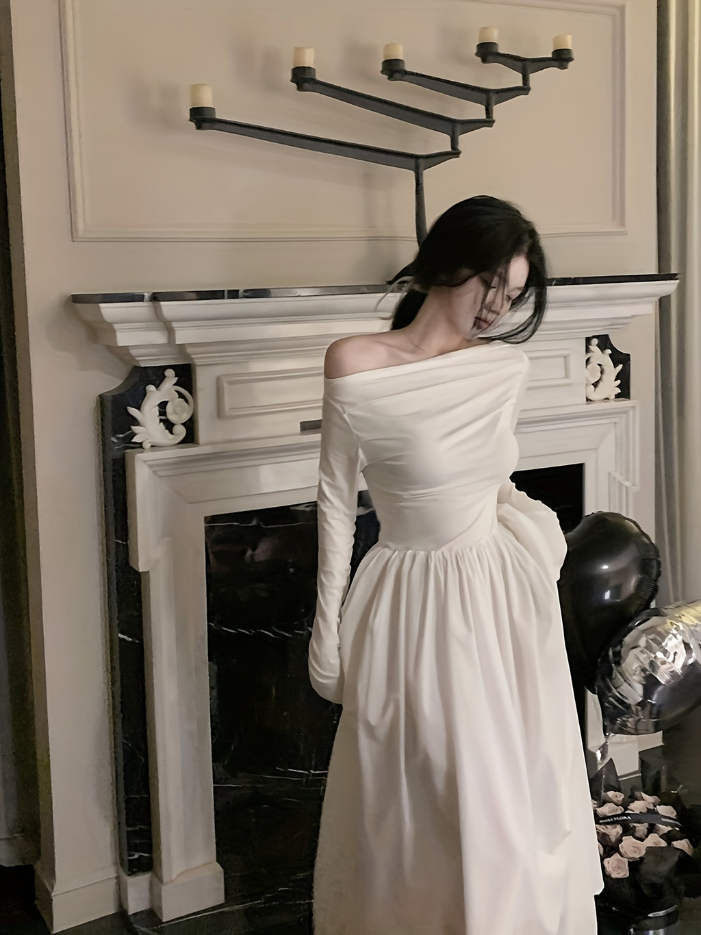 Women's Elegant French-Style Off-the-Shoulder/One-Shoulder A-Line Maxi Dress - Long Sleeve Wedding Guest Gown, Prom Dress, Hand Washable Solid Color with Pockets (No ) for Spring/Autumn, No Elasticity Suitable for Weddings & Special Events