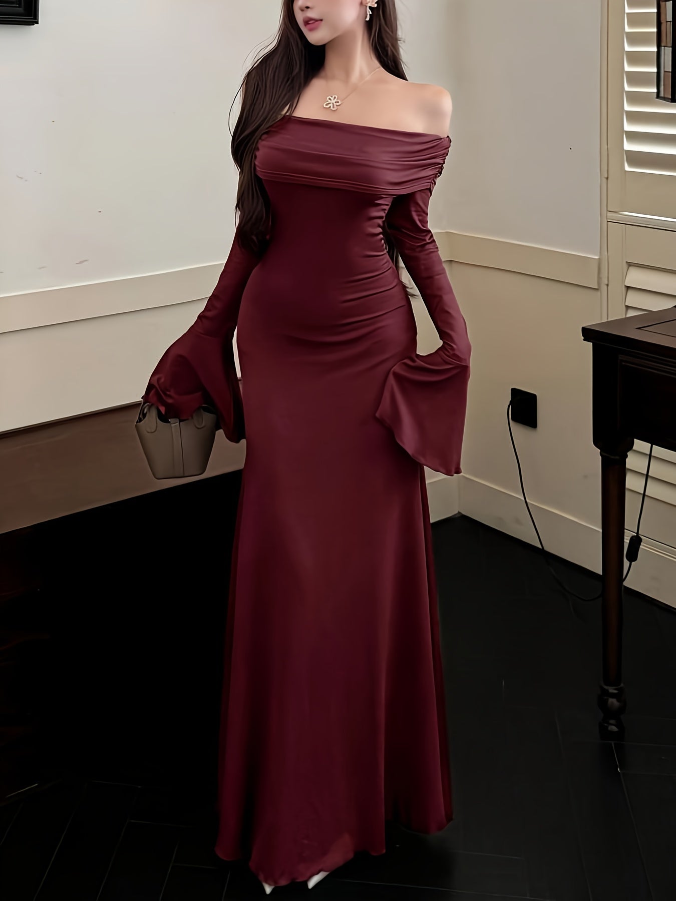 Women's Elegant Off-the-Shoulder/One-Shoulder Long Formal dress - Bodycon Party, Brown Evening Gown for Women, Machine Washable Fall Gala & Wedding Attire - ZX248, Special Occasion, Fitted Silhouette, Highquality Material, Stylish Outfit, Party Wear
