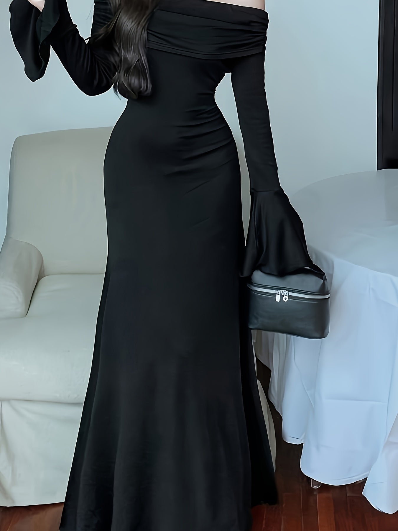 Women's Elegant Strapless/One-Shoulder Mermaid & A-Line Dress with Long Sleeves & Ruffled Hem - -Length Formal Wedding Guest Gown, Prom Dress, Event Attire - Machine Washable Autumn/Winter Evening Dress