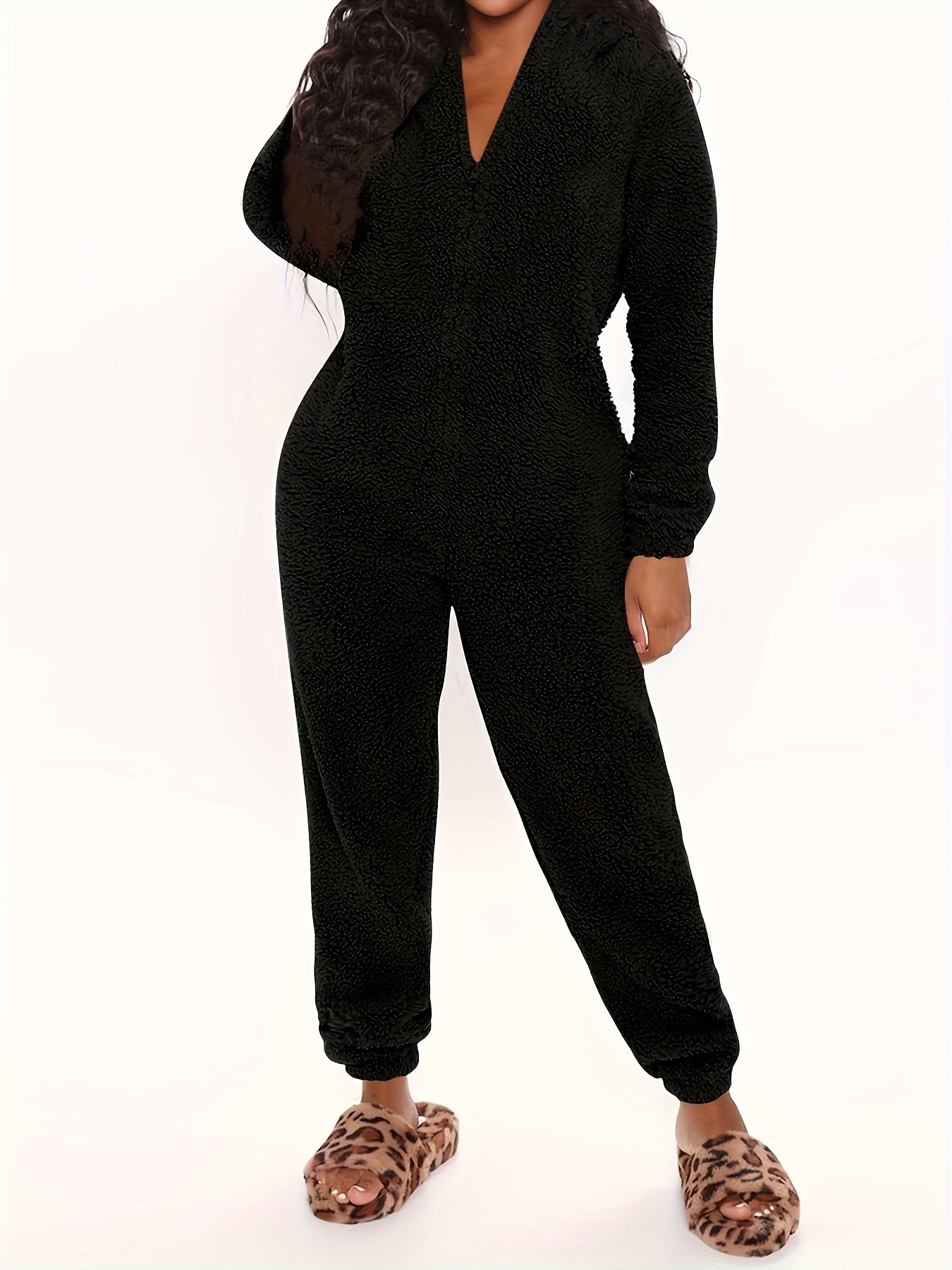 Fuzzy Hooded Pajama Jumpsuit For Music Festival, Comfy & Cute Long Sleeve Zipper Pajamas, Women's Lingerie & Sleepwear