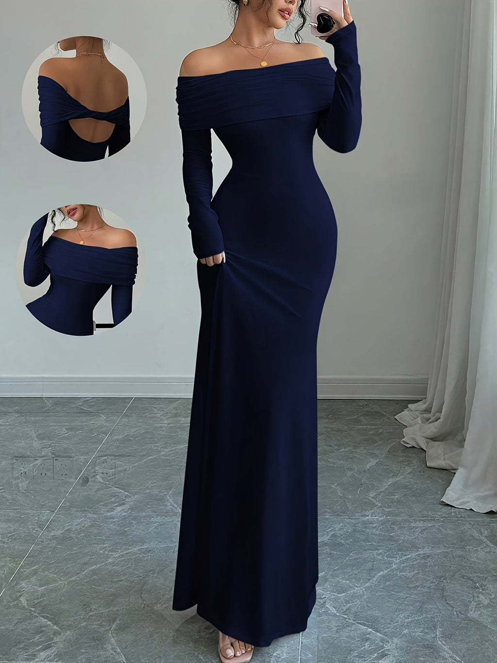 Elegant Off-Shoulder Mermaid Dress with Double Layer & Twist Detail - Long Sleeve, High-Low Hem, Solid Color, Perfect for Spring/Summer/Fall, Adult Women'S Formal Wear, Formal Evening Wear | Offshoulder Fashion | Double Layer Design