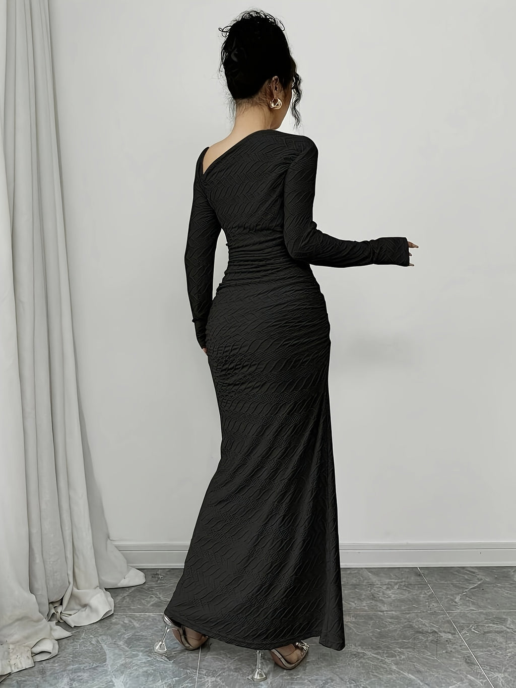 Women'S Elegant Office to Evening Long Dress - Formal & Professional Attire with Asymmetrical Neckline, Flattering Fit, Long Formal Events, HW915 - Elegant Women'S Clothing, Winter Fashion, Ruched Detailing, Highquality Material, Fitted Bodice, Working Women