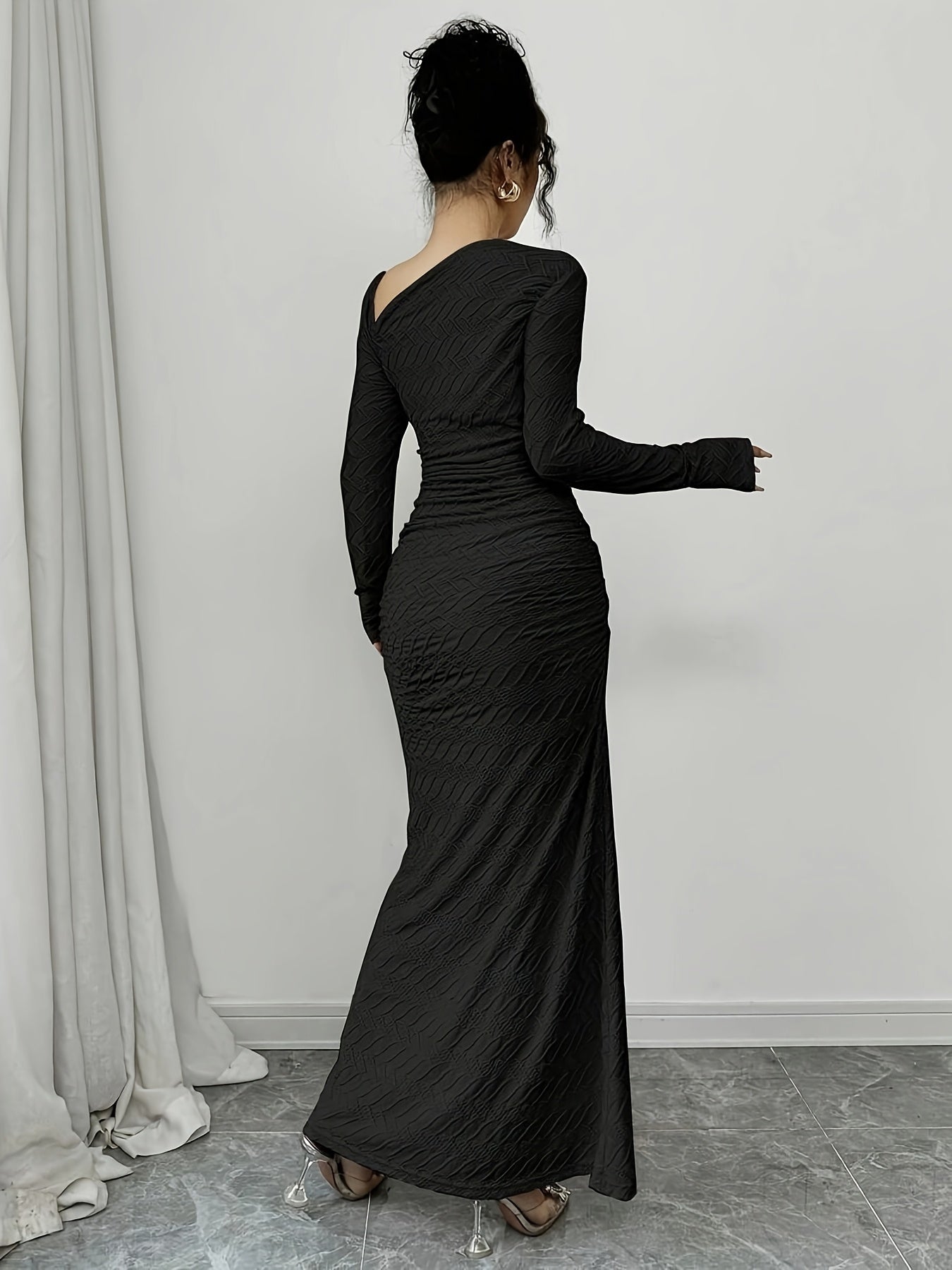 Women'S Elegant Office to Evening Long Dress - Formal & Professional Attire with Asymmetrical Neckline, Flattering Fit, Long Formal Events, HW915 - Elegant Women'S Clothing, Winter Fashion, Ruched Detailing, Highquality Material, Fitted Bodice, Working Women