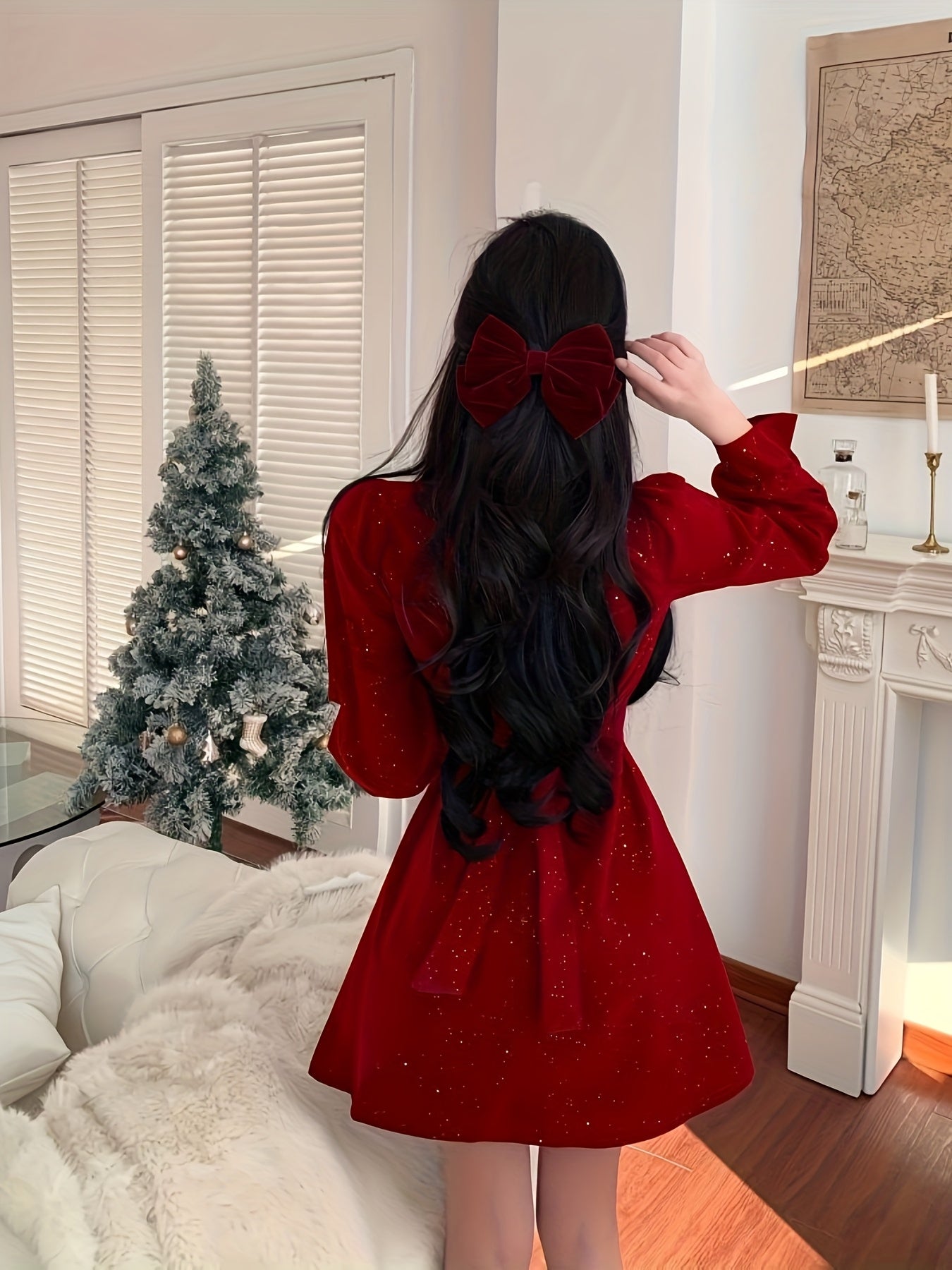 Women'S Elegant Black Velvet First Love Dress - Square Neck Long Sleeve A-Line Party & Formal Evening Gown, Hand Washable, All-Season Luxury Formal Attire for Christmas, New Year, Valentine'S Day - QOQ Luxury Dress Collection, Cute Dresses