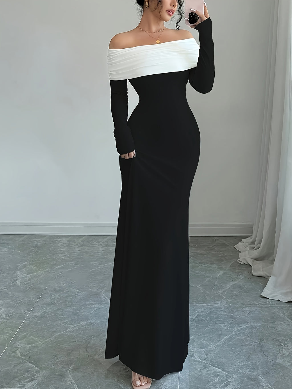 Elegant Off-Shoulder Mermaid Dress with Double Layer & Twist Detail - Long Sleeve, High-Low Hem, Solid Color, Perfect for Spring/Summer/Fall, Adult Women'S Formal Wear, Formal Evening Wear | Offshoulder Fashion | Double Layer Design