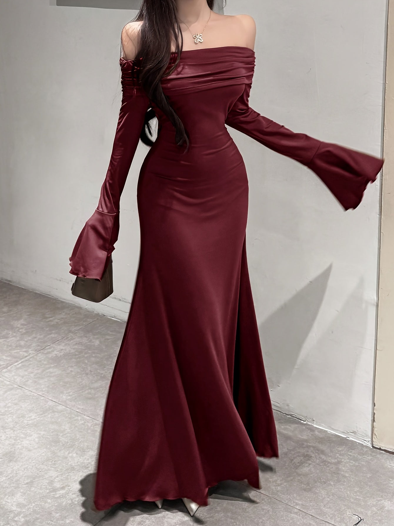 Women's Elegant Off-the-Shoulder/One-Shoulder Long Formal dress - Bodycon Party, Brown Evening Gown for Women, Machine Washable Fall Gala & Wedding Attire - ZX248, Special Occasion, Fitted Silhouette, Highquality Material, Stylish Outfit, Party Wear